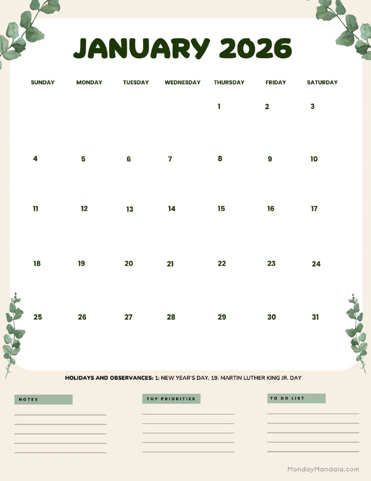 Printable Jan 2026 Calendar