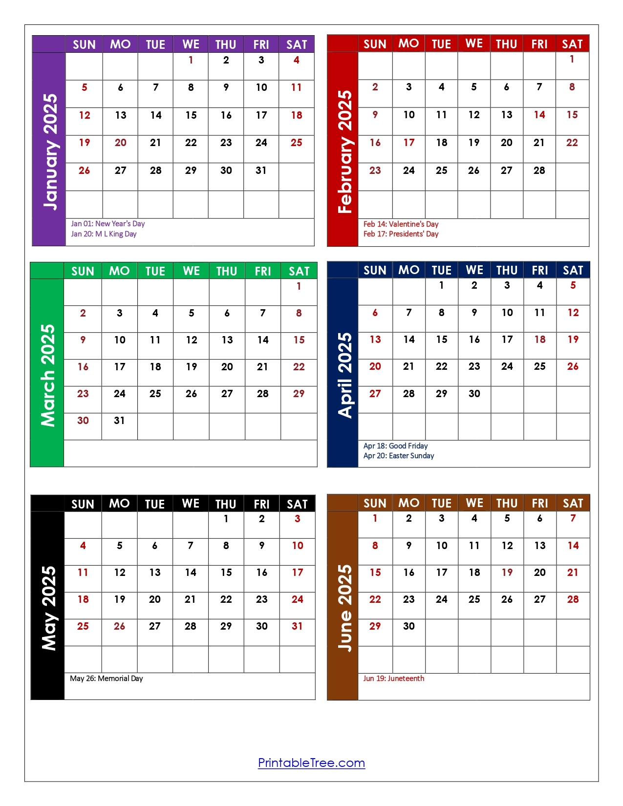 January To June 2025 Calendar Printable PDF Si Months Calendar