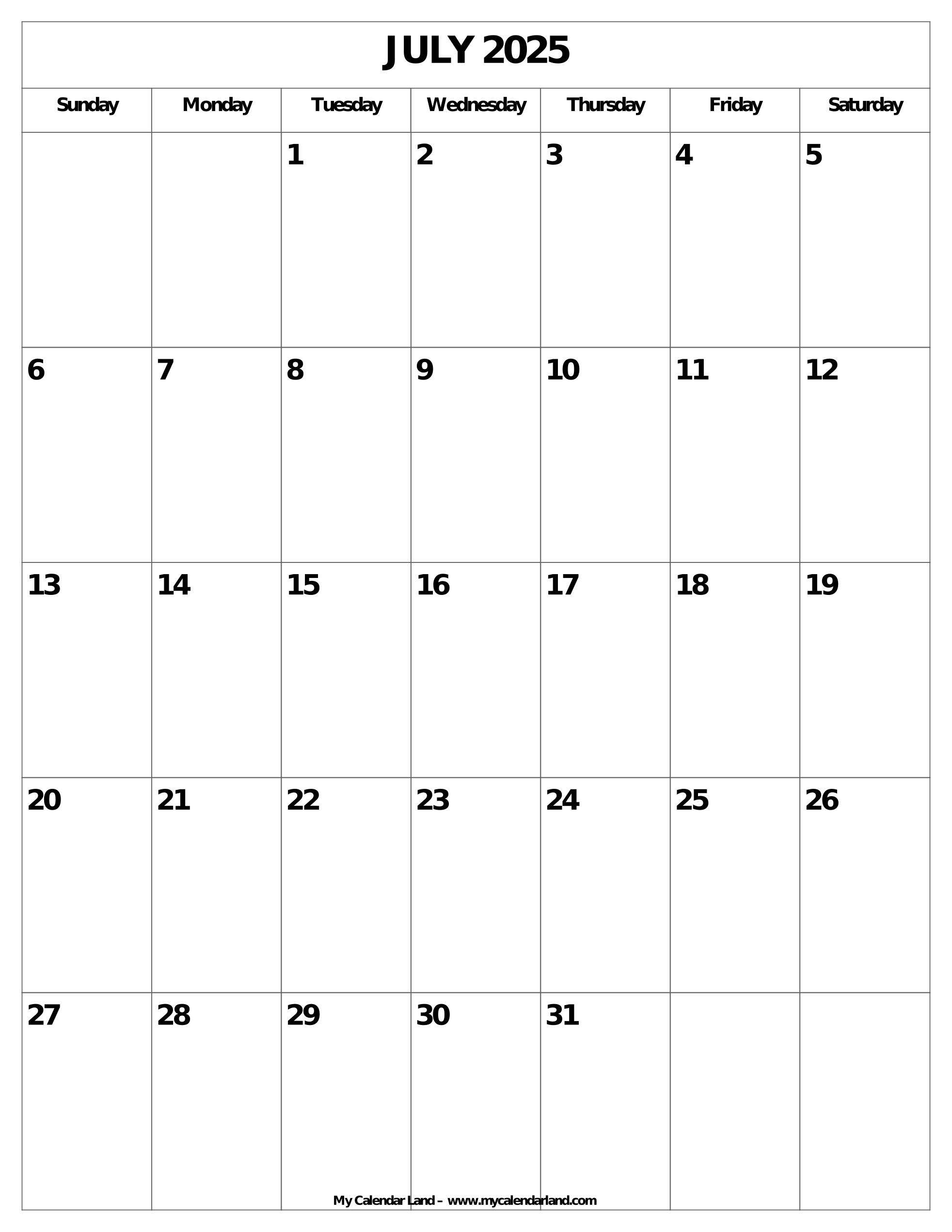 July 2025 Free Printable Calendar Free