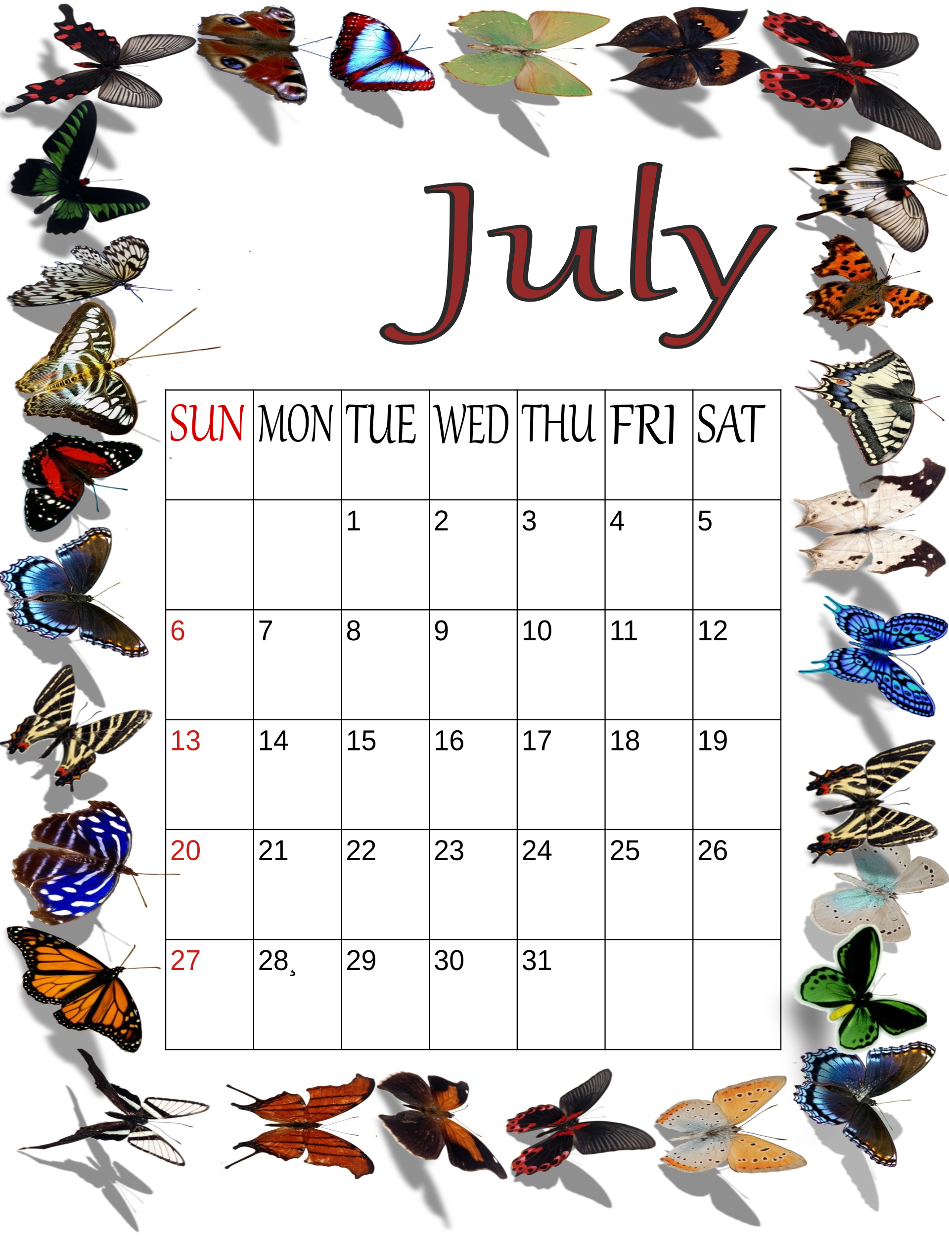 Cute Printable Monthly Calendar July 2025