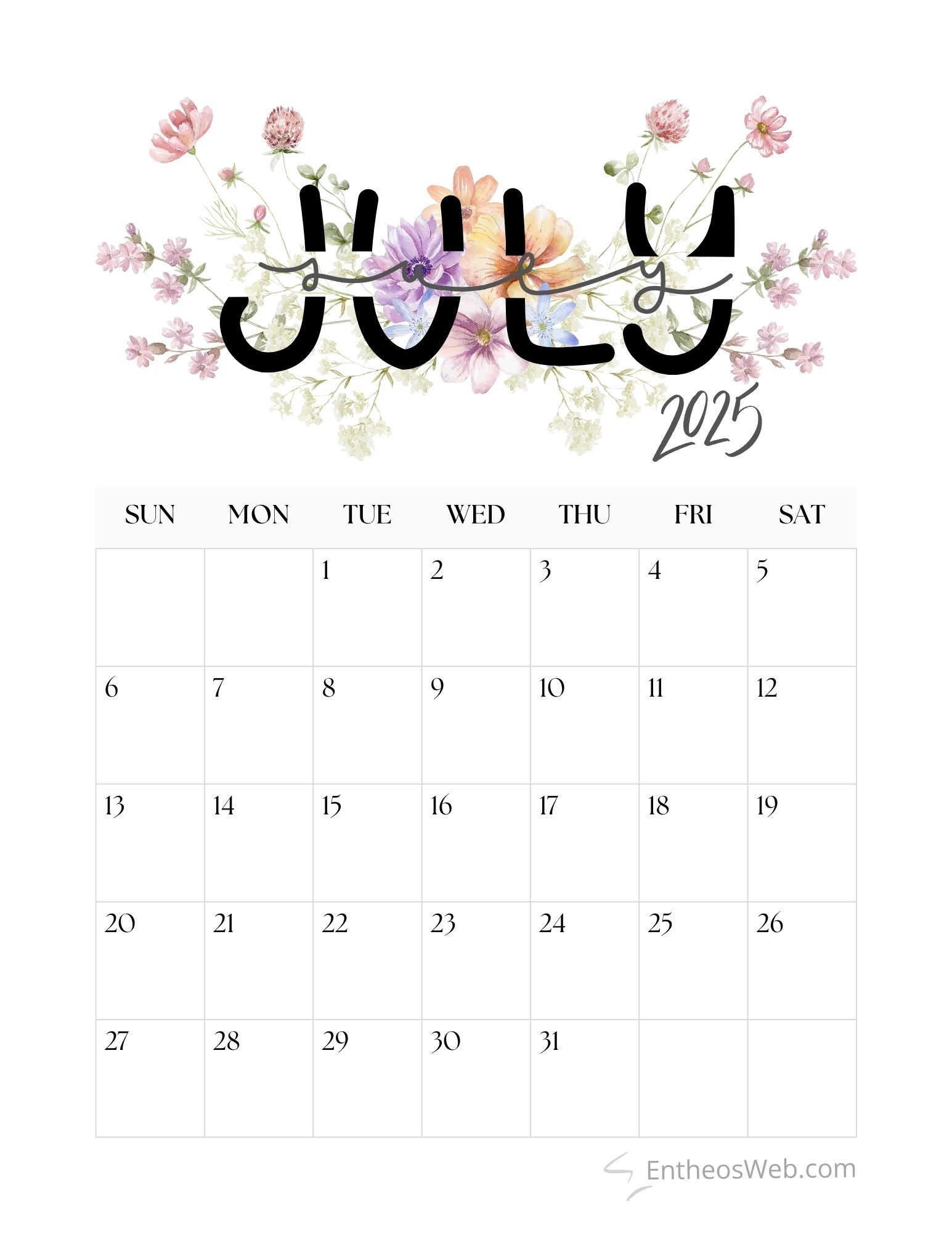 July 2025 Printable Calendar Cute