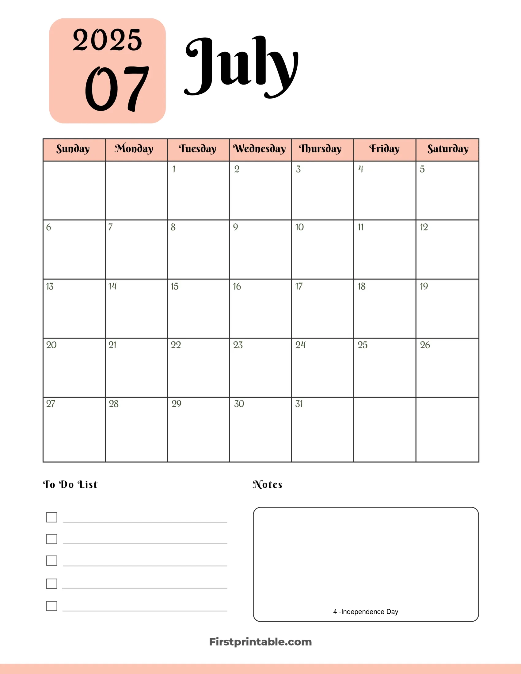 July 2025 Calendars Free Printable Fillable