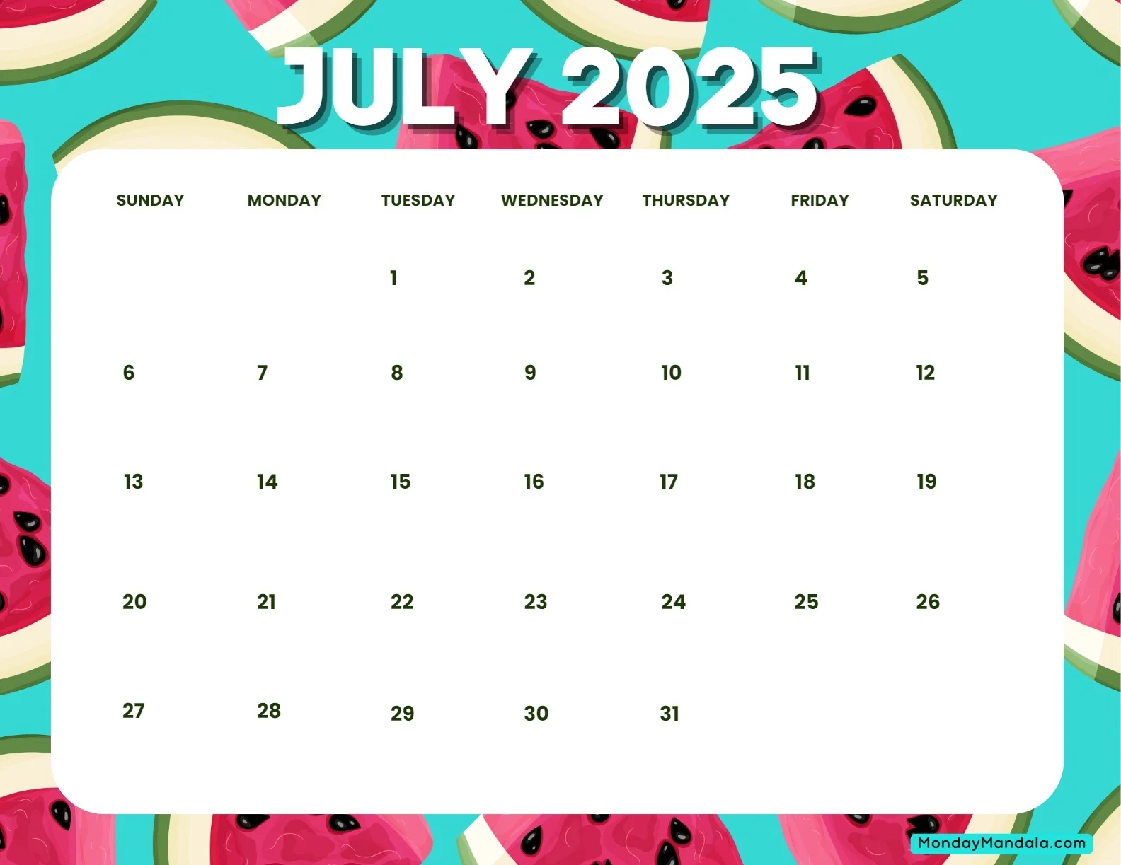 Printable July 2025 Calendar Page