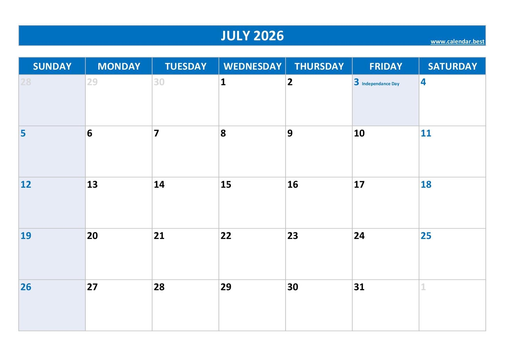 Printable Calendar Templete July And August 2026