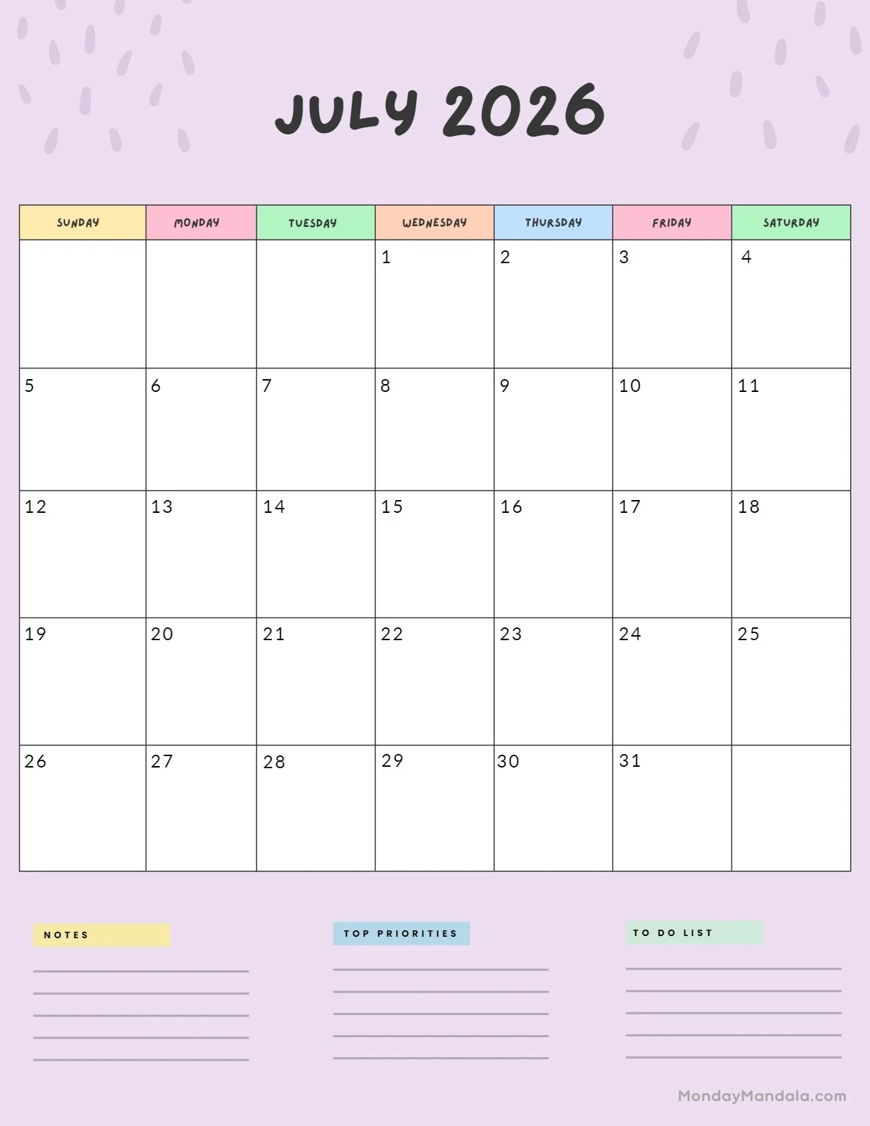 July Calendar 2026 Printable Cute