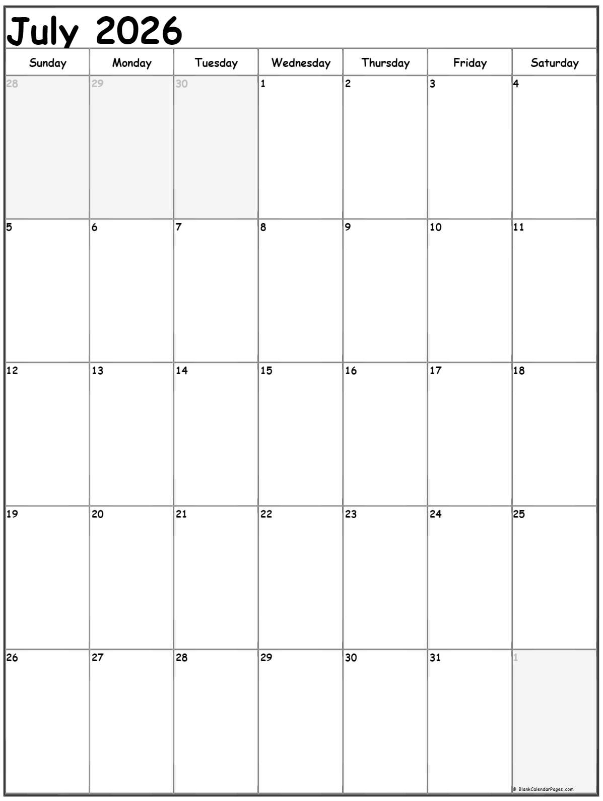 July 2026 Vertical Calendar Portrait