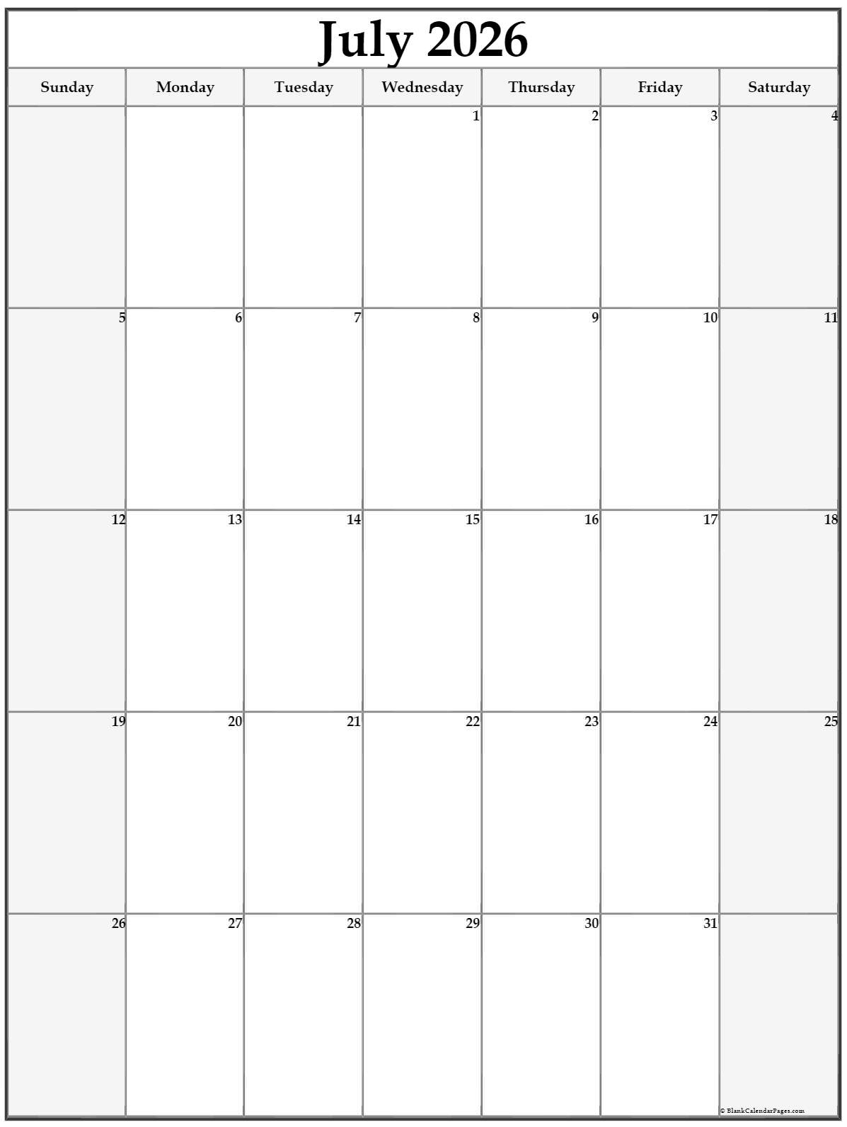 Blank Printable July 2026 Calendar