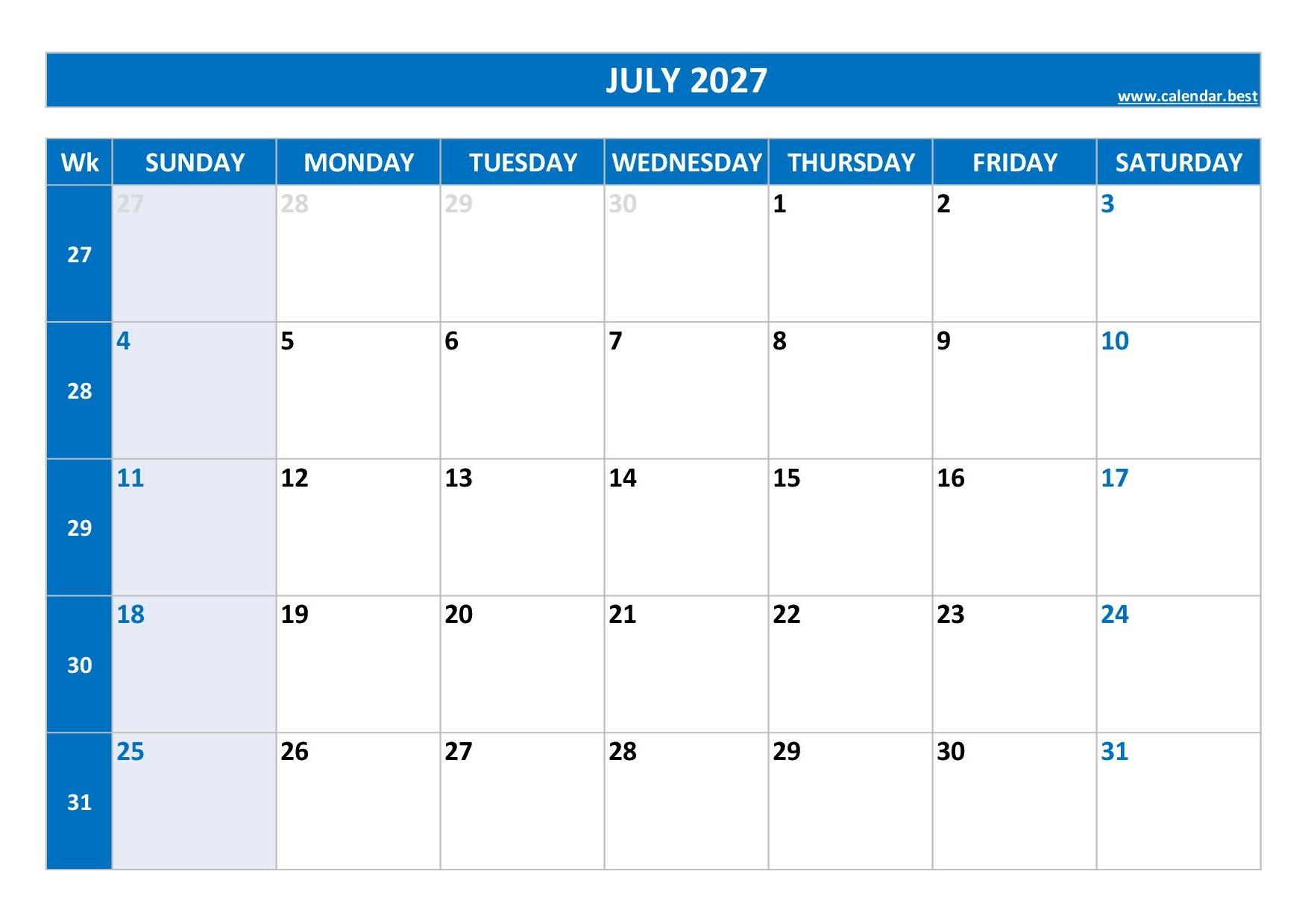 Free Printable Calendar June July 2027