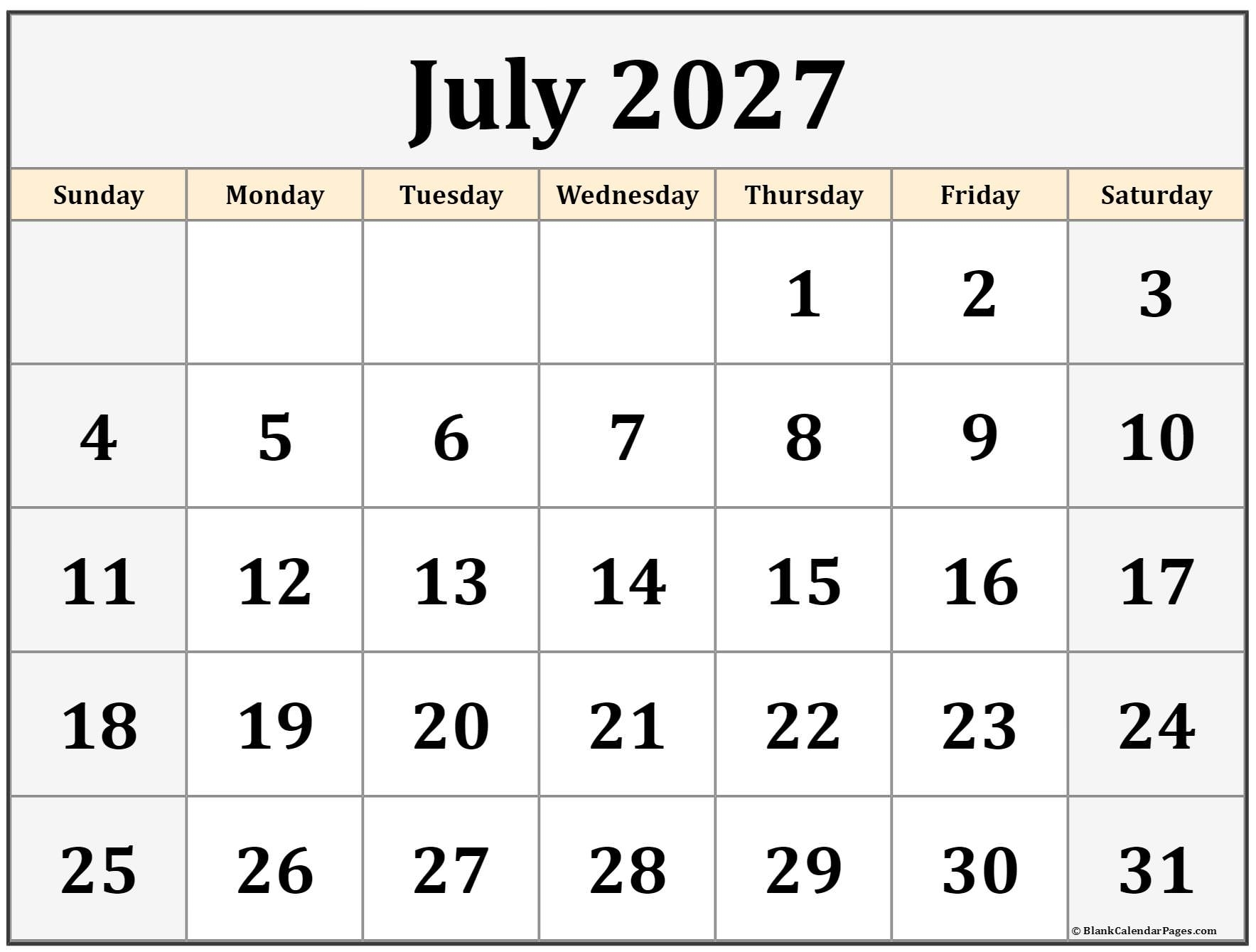 July 2027 Calendar Free Printable Calendars