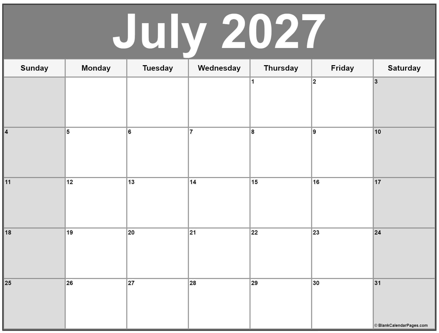 July 2027 Calendar Free Printable Calendars