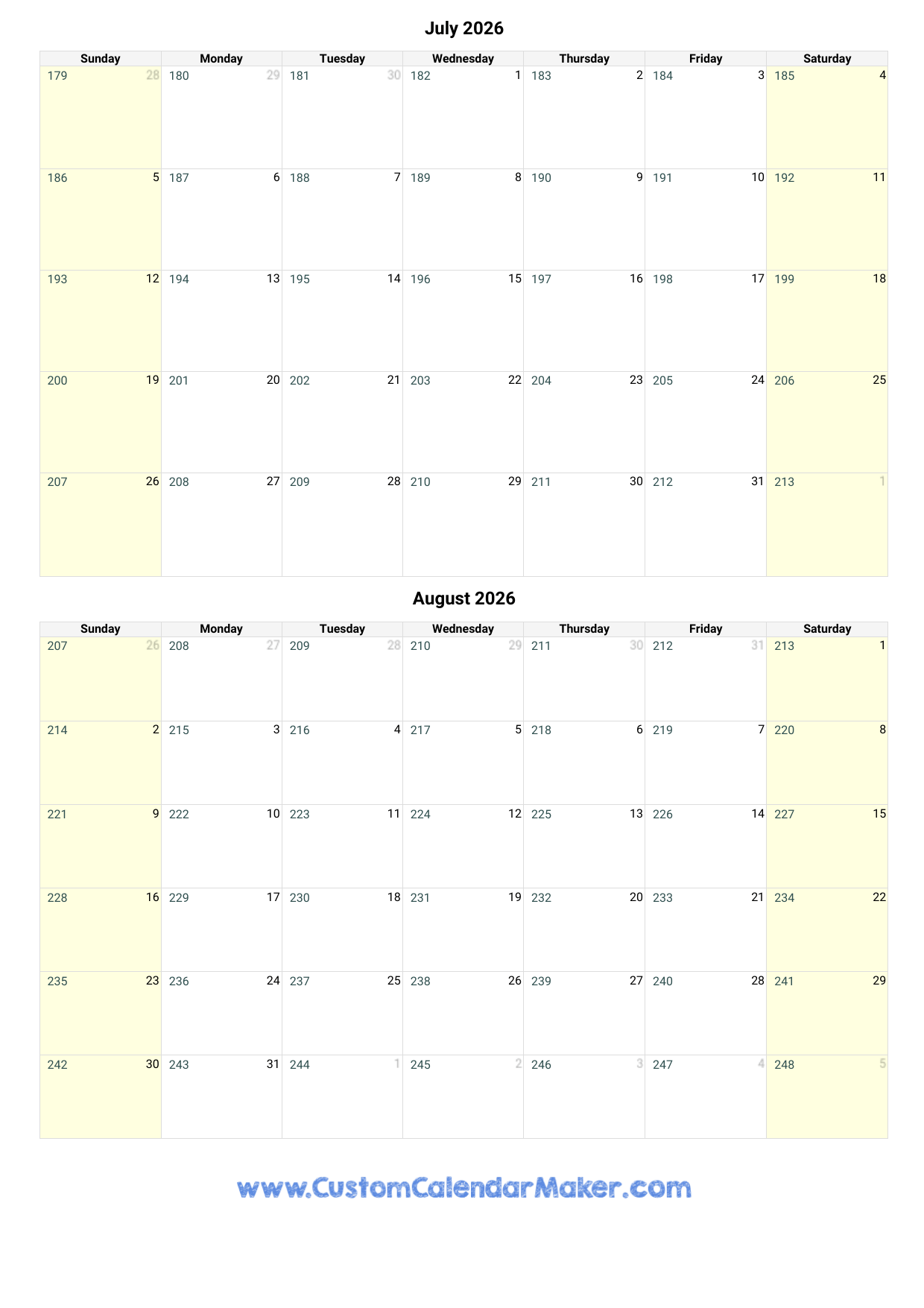 Printable June And July Calendar 2026