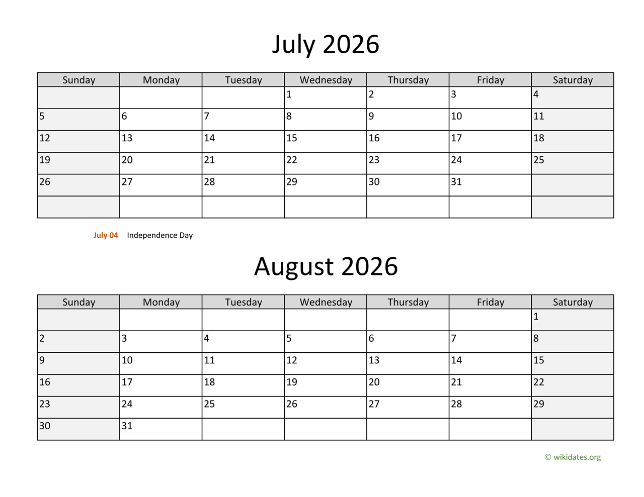 Aug 2026 Calendar Printable Free