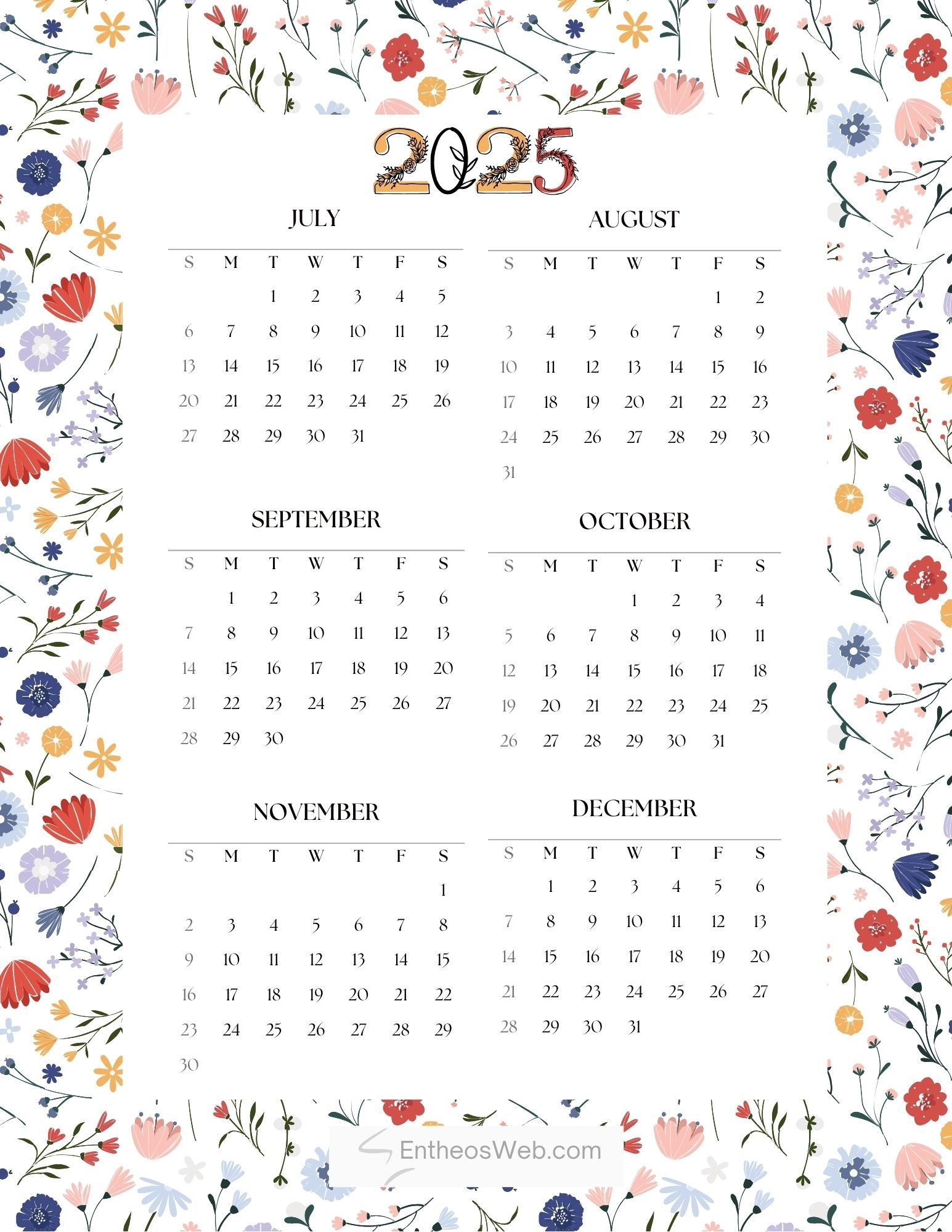 July To December 2025 6 Month Calendar Printable EntheosWeb