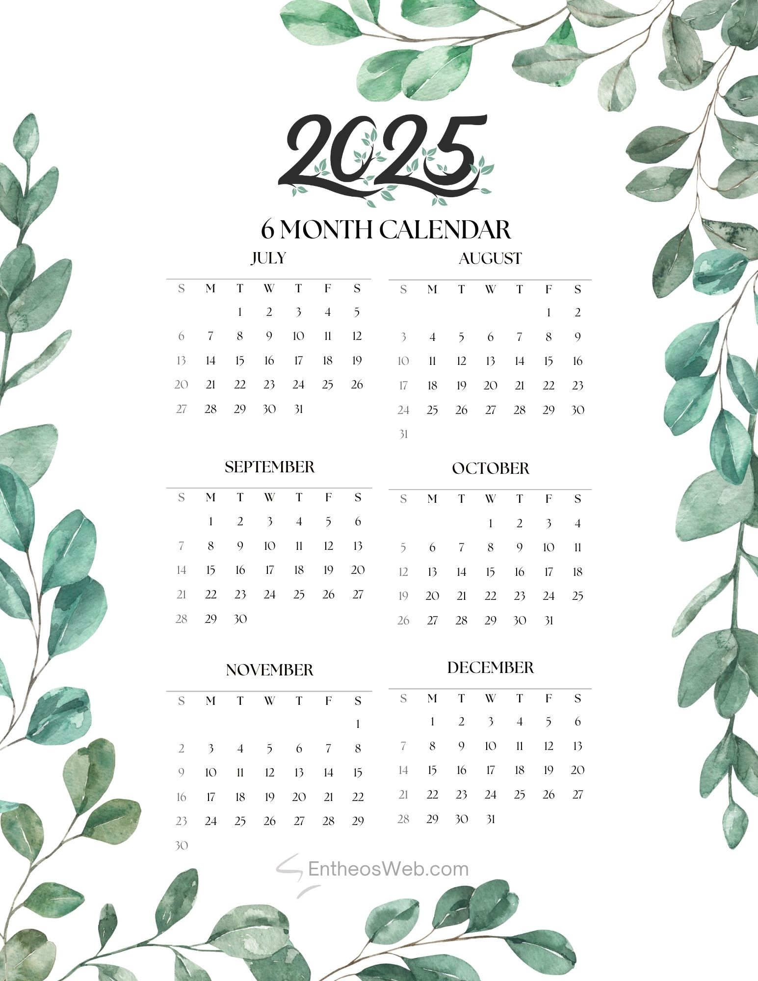 July To Dec Calendar Printable