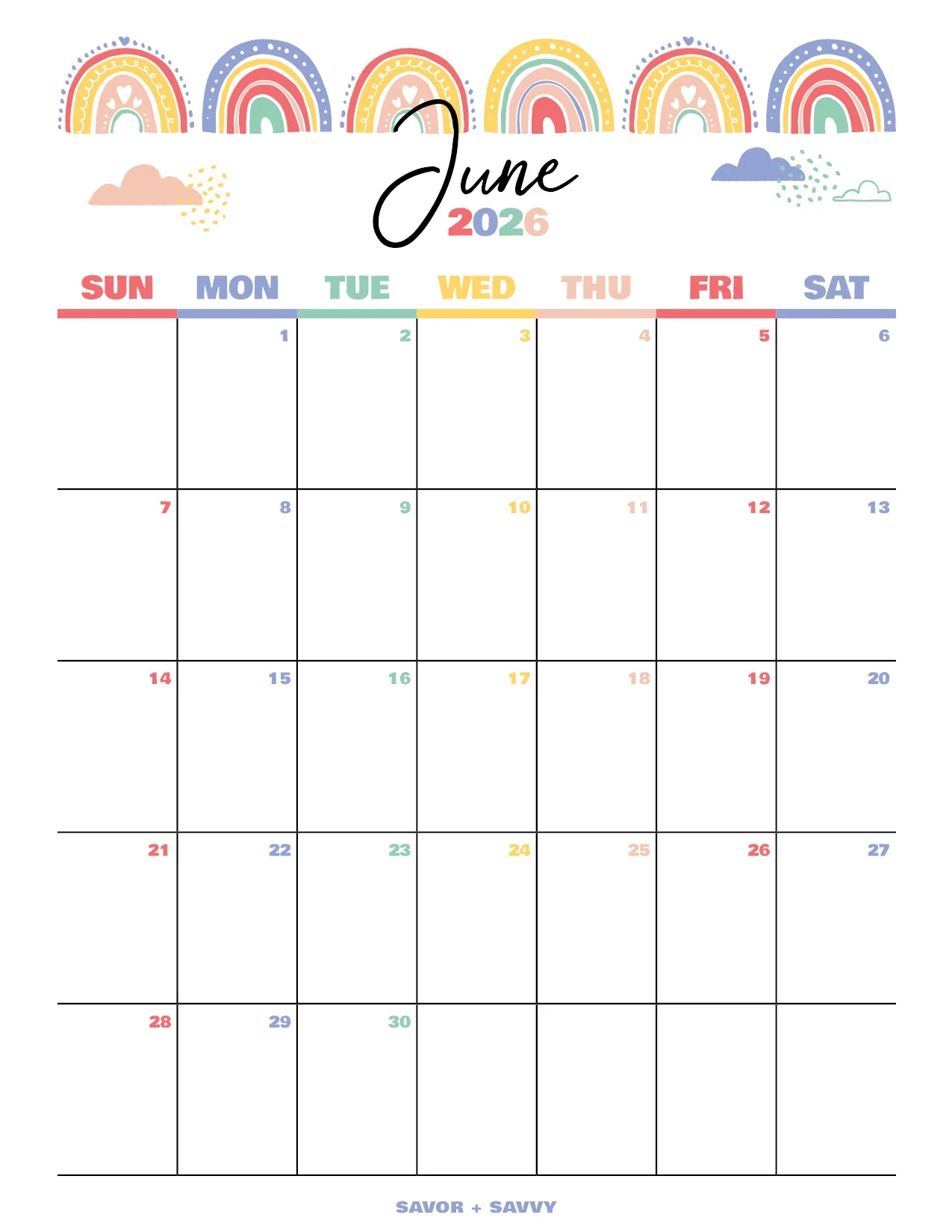 Pretty June Calendar 2026 Printable