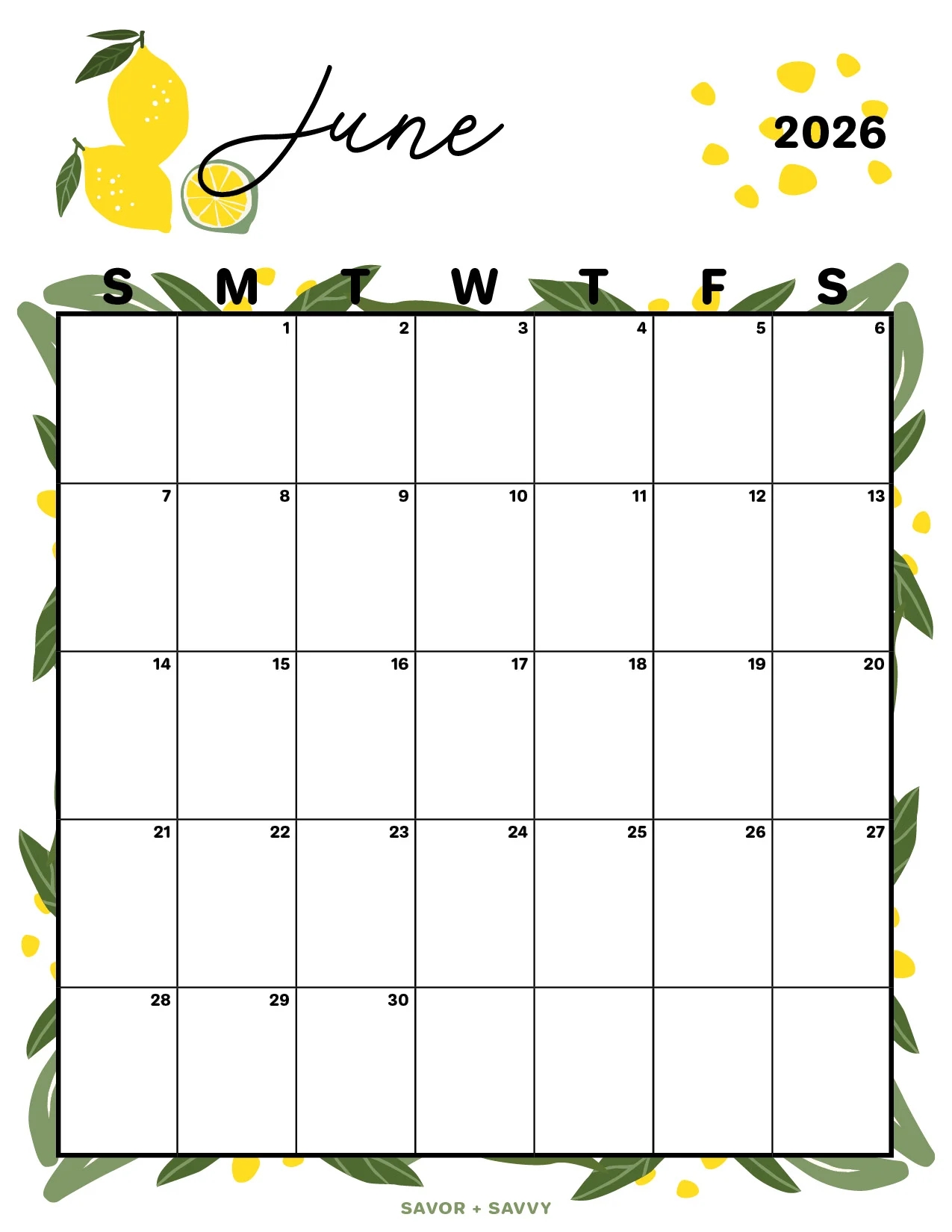 Printable June 2026 Monthly Calendar
