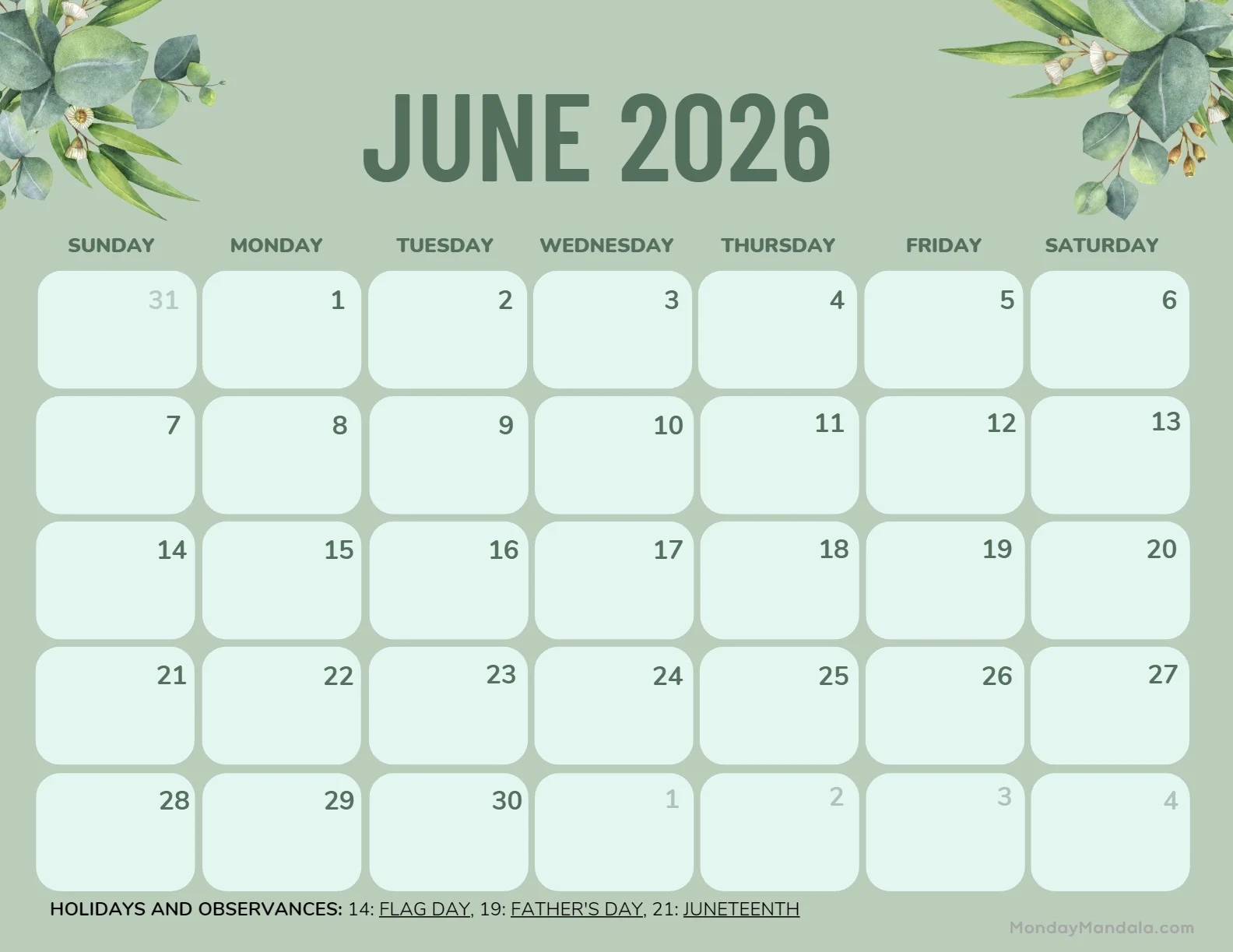 Calendar June 2026 Printable Free