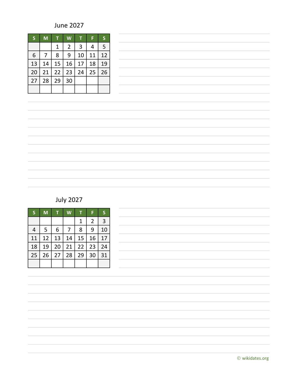June And July 2027 Calendar WikiDates