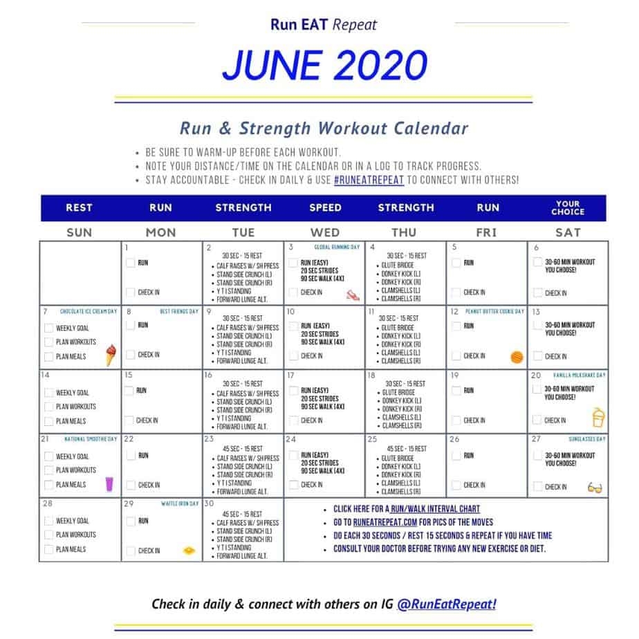 June Running Calendar Free Printable Workout Run Eat Repeat