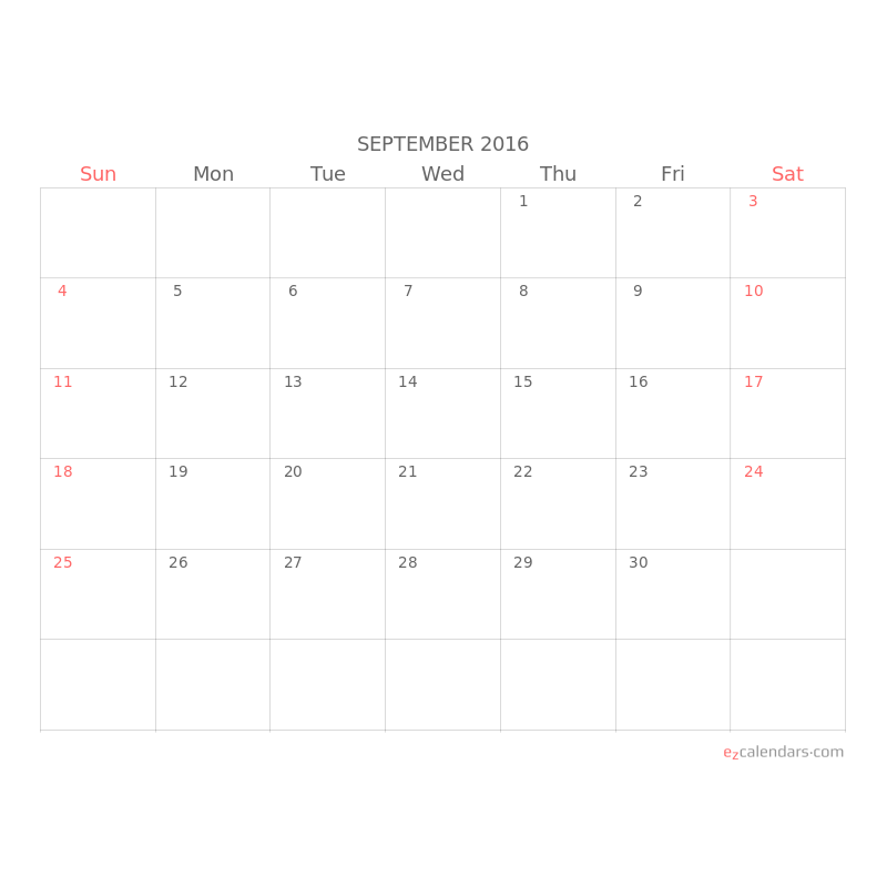 Light And Simple One Month Per Page Calendar Landscape Orientation EzCalendars