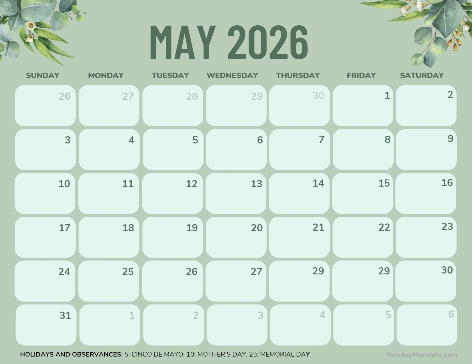 Free Printable May 2026 Calendar