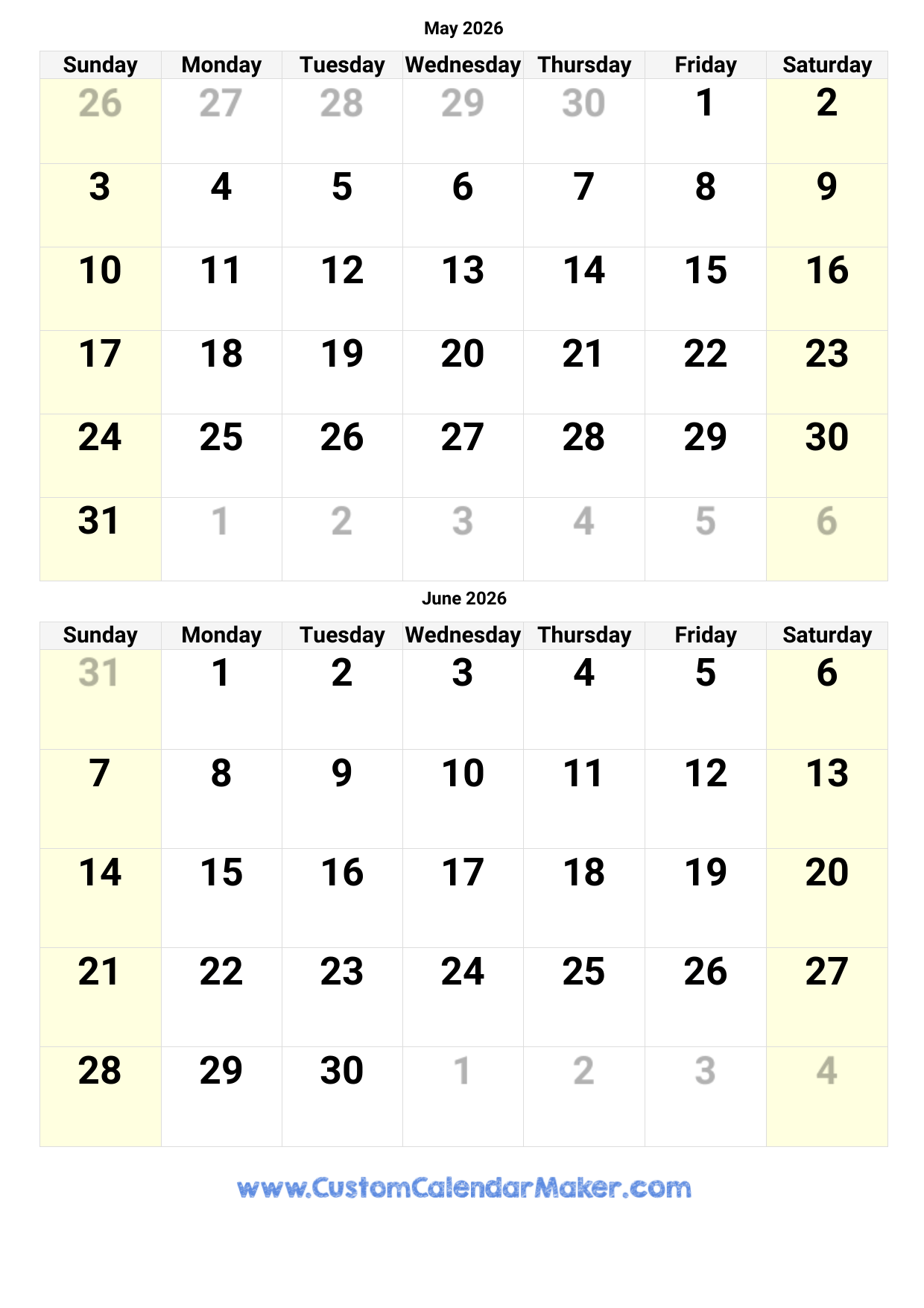 May And June 2026 Calendar Custom Calendar Maker