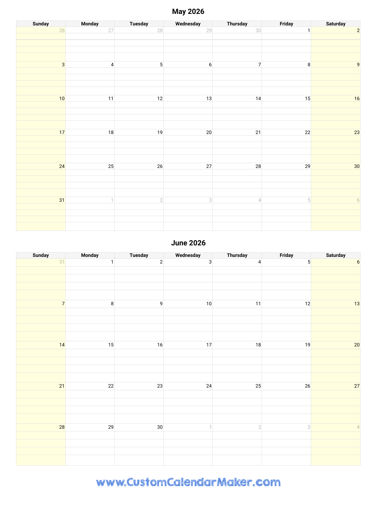 June Printable Calendar 2026 Free