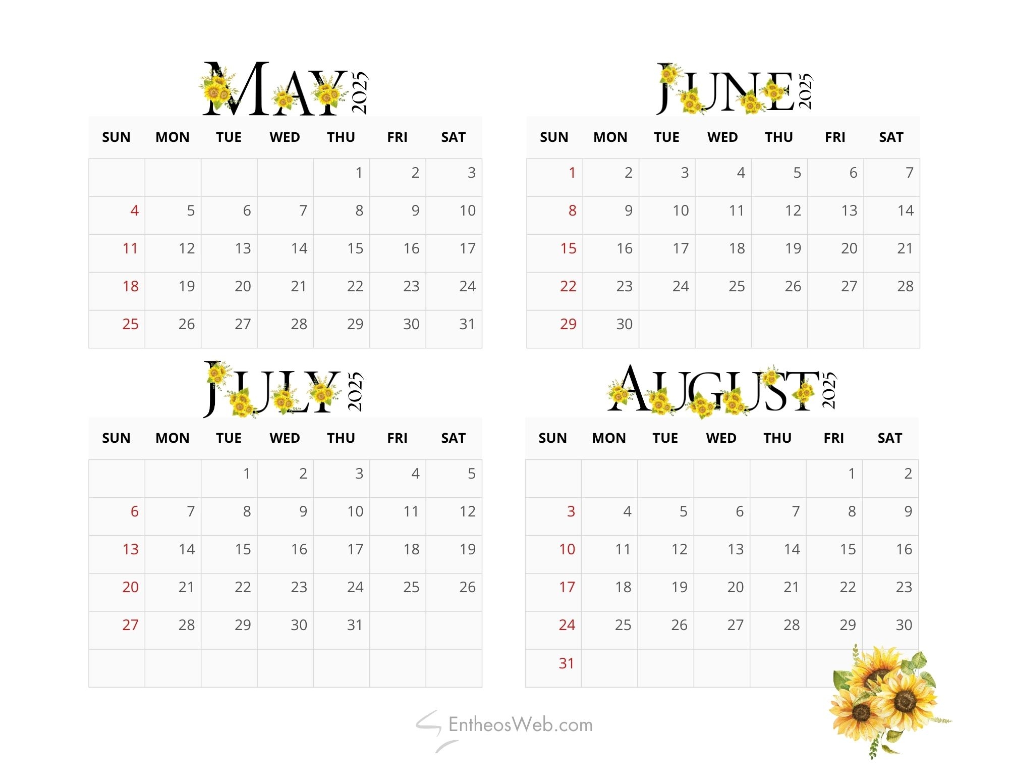 Calendar Templates 2025 Printable Four Months