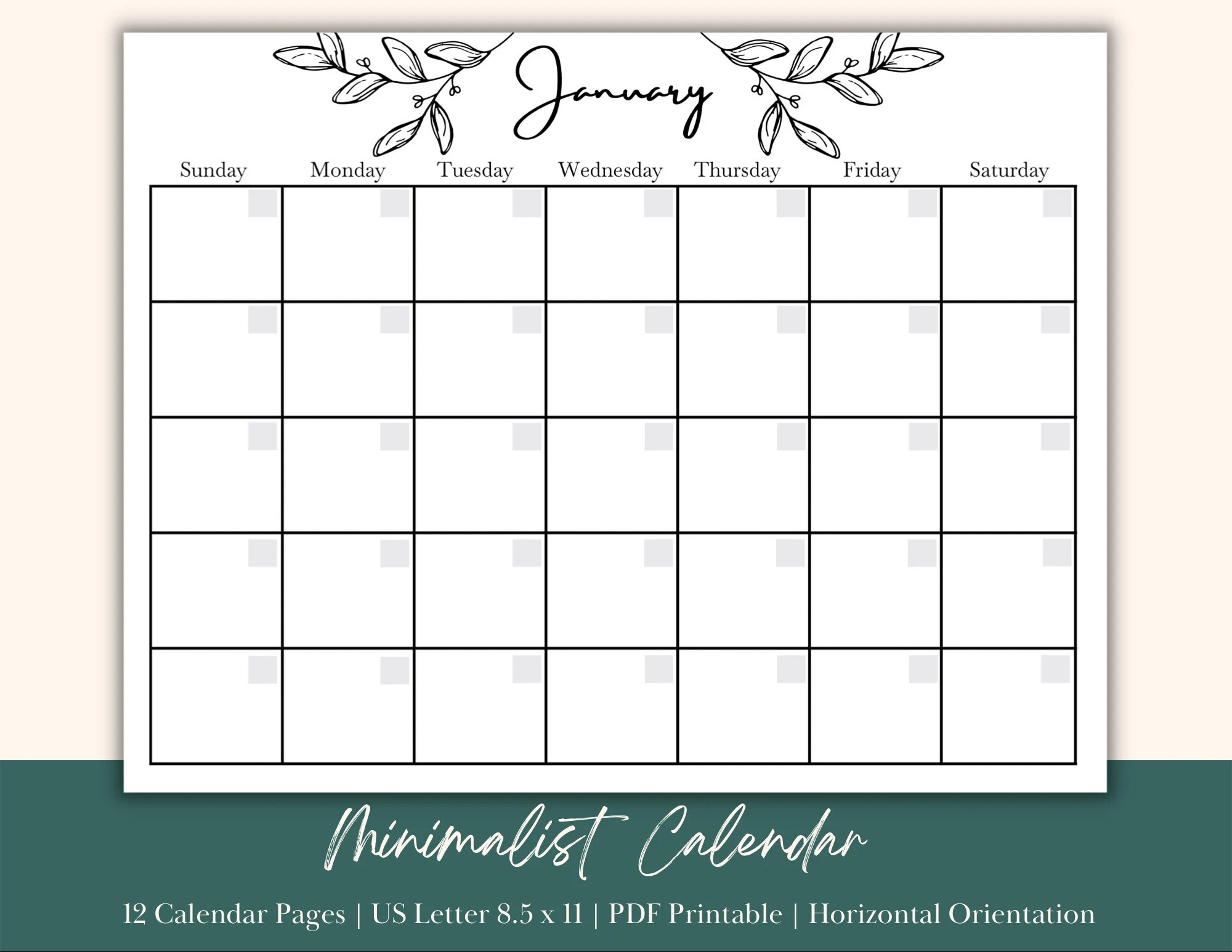 Minimalist Calendar Horizontal Orientation Digital Download PDF Printable 12 Months Jan dec Etsy