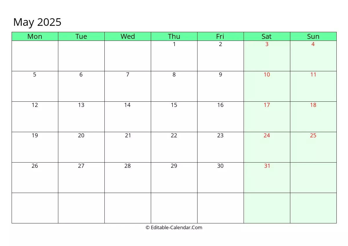 Monday Start Editable Calendar May 2025 In Excel Word PDF