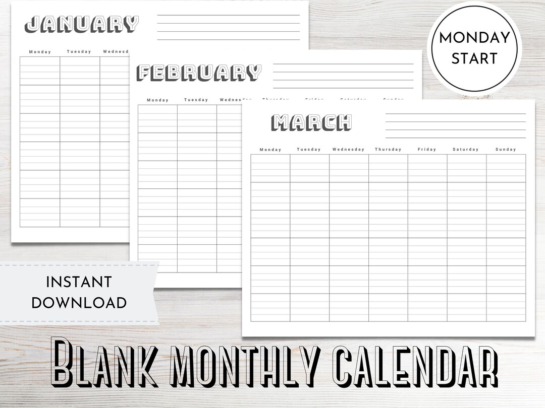 Monthly Blank Calendar Monday Start Printable Calendar Pages 12 Month Lined Calendar Instant Digital Download Etsy