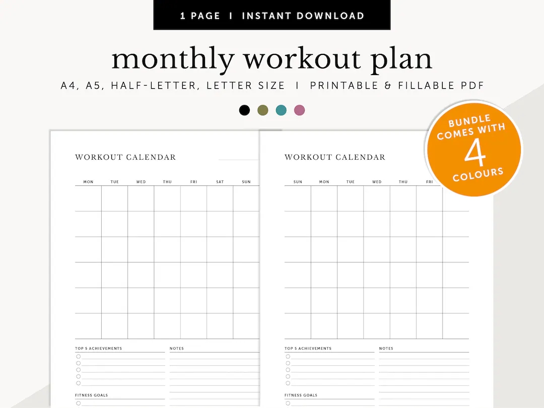 Monthly Workout Planner Monthly Fitness Planner Exercise Calendar Fitness Log Fillable Printable Planner A4 a5 letter half Size Etsy