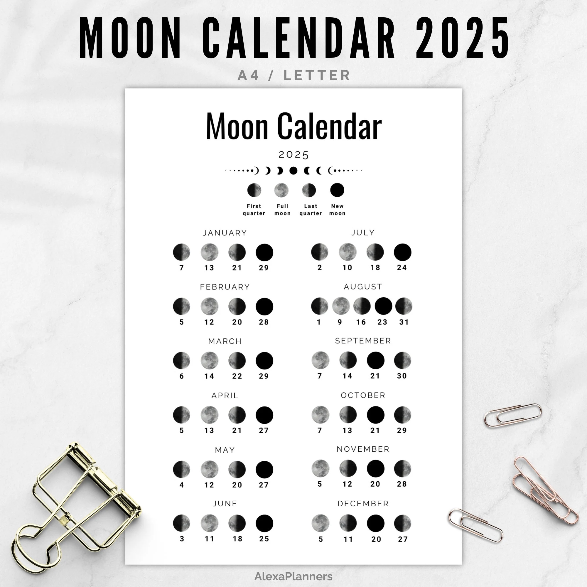 moon phase calendar 2025 a4 letter size lunar calendar etsy