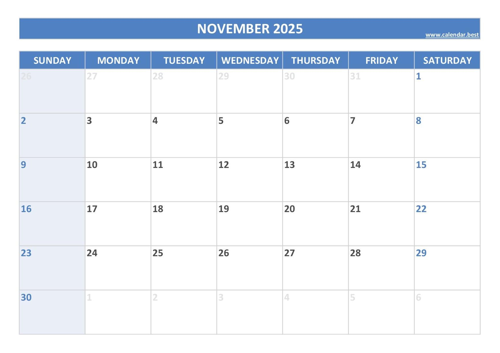 Calendar 2025 Printable November