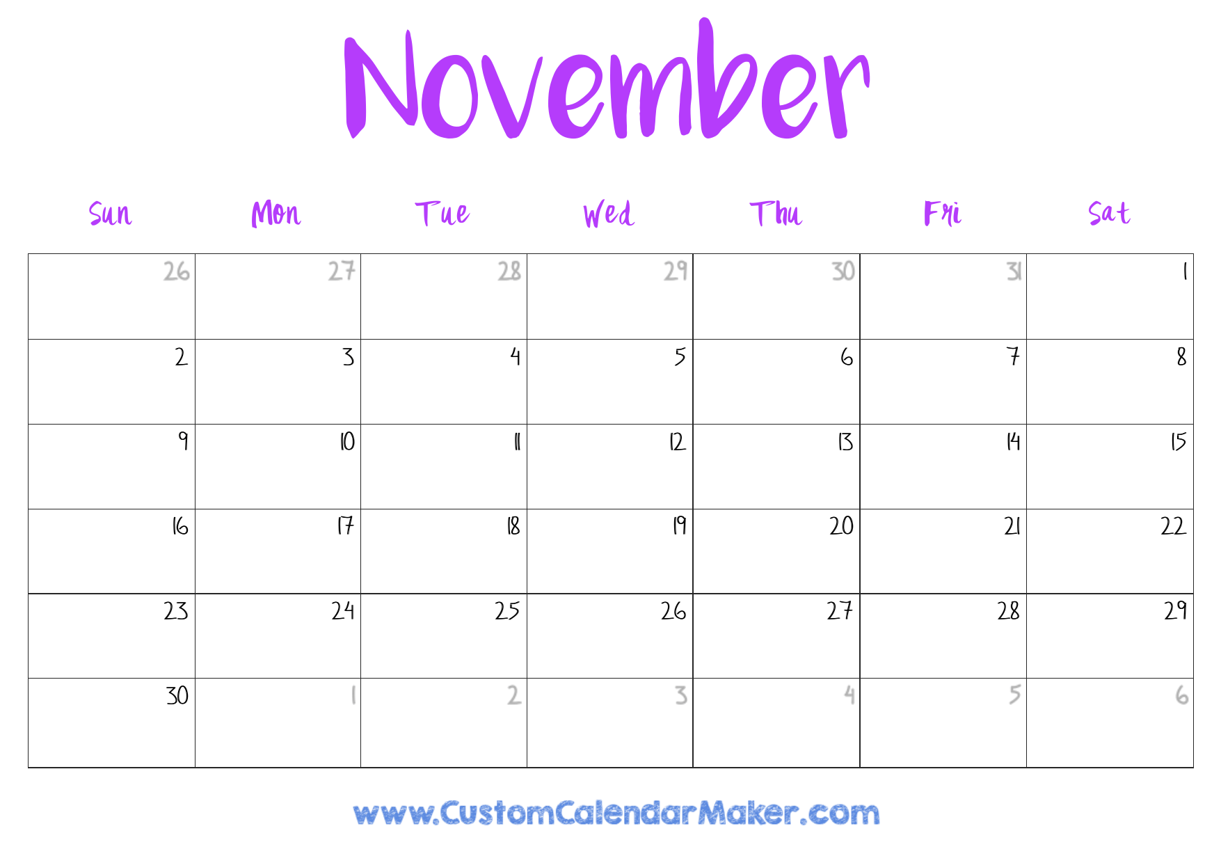 Customizable Printable Calendar November 2025