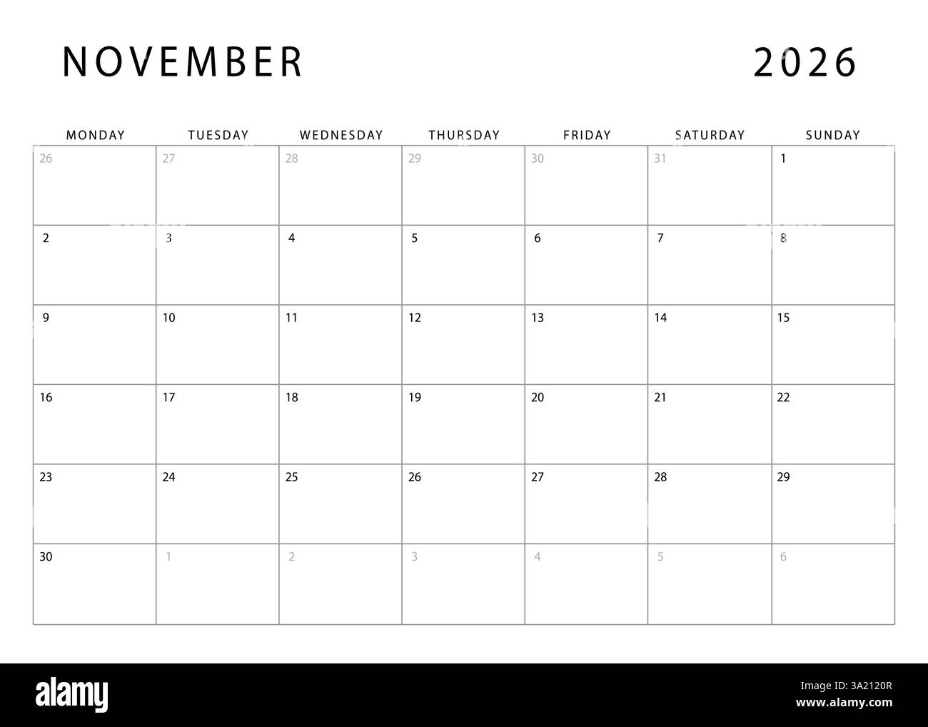 November 2026 Calendar Monthly Planner Template Monday Start Vector Design Stock Vector Image Art Alamy