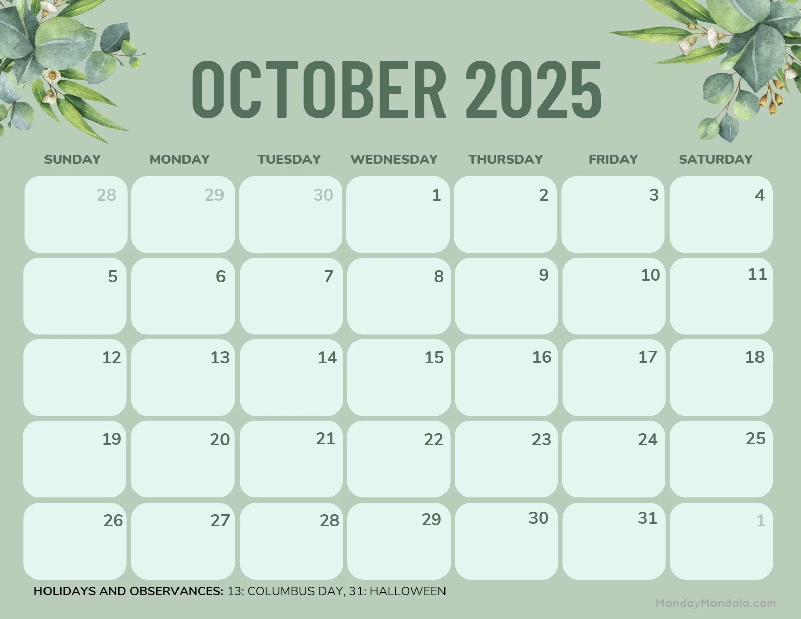 October 2025 Calendar 52 Free PDF Printables 