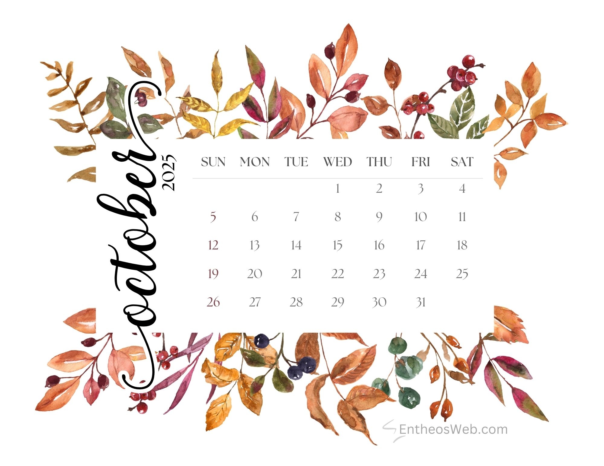 Blank October 2025 Printable Calendar