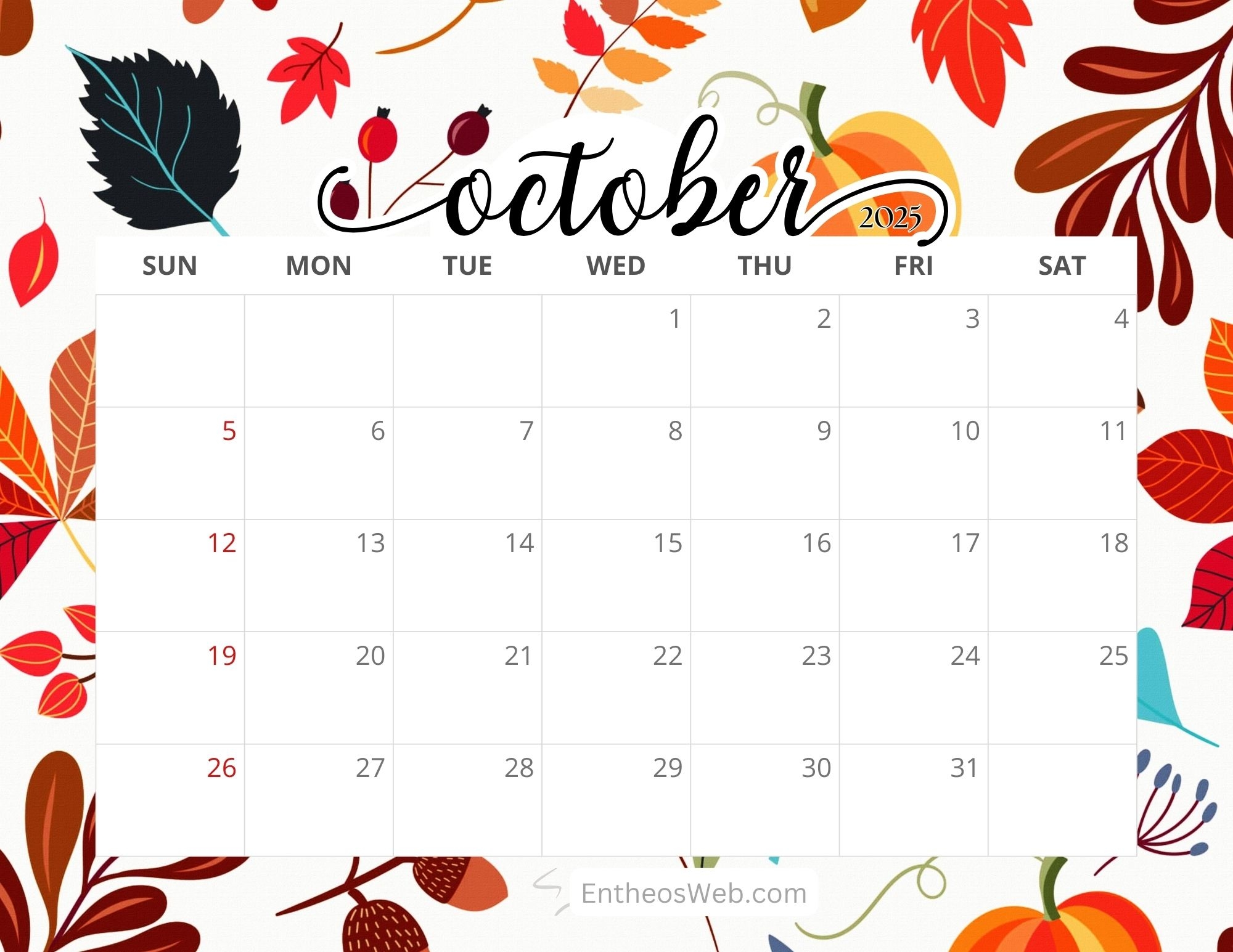 Calendar Printable 2025 October
