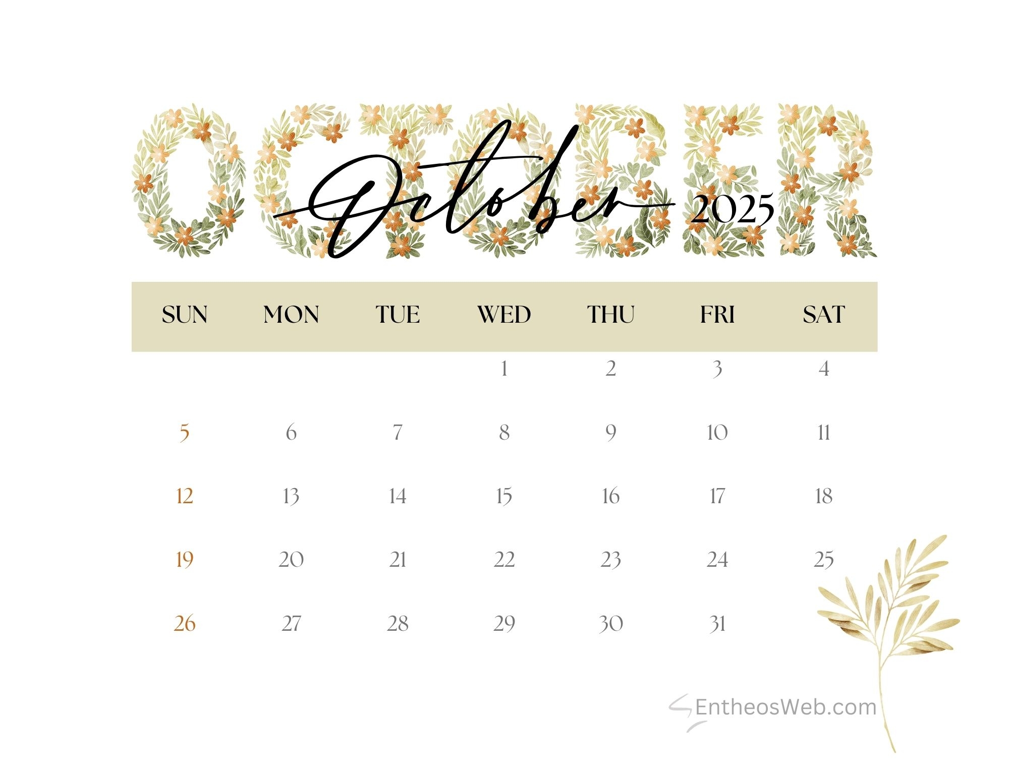 Free October 2025 Printable Calendar