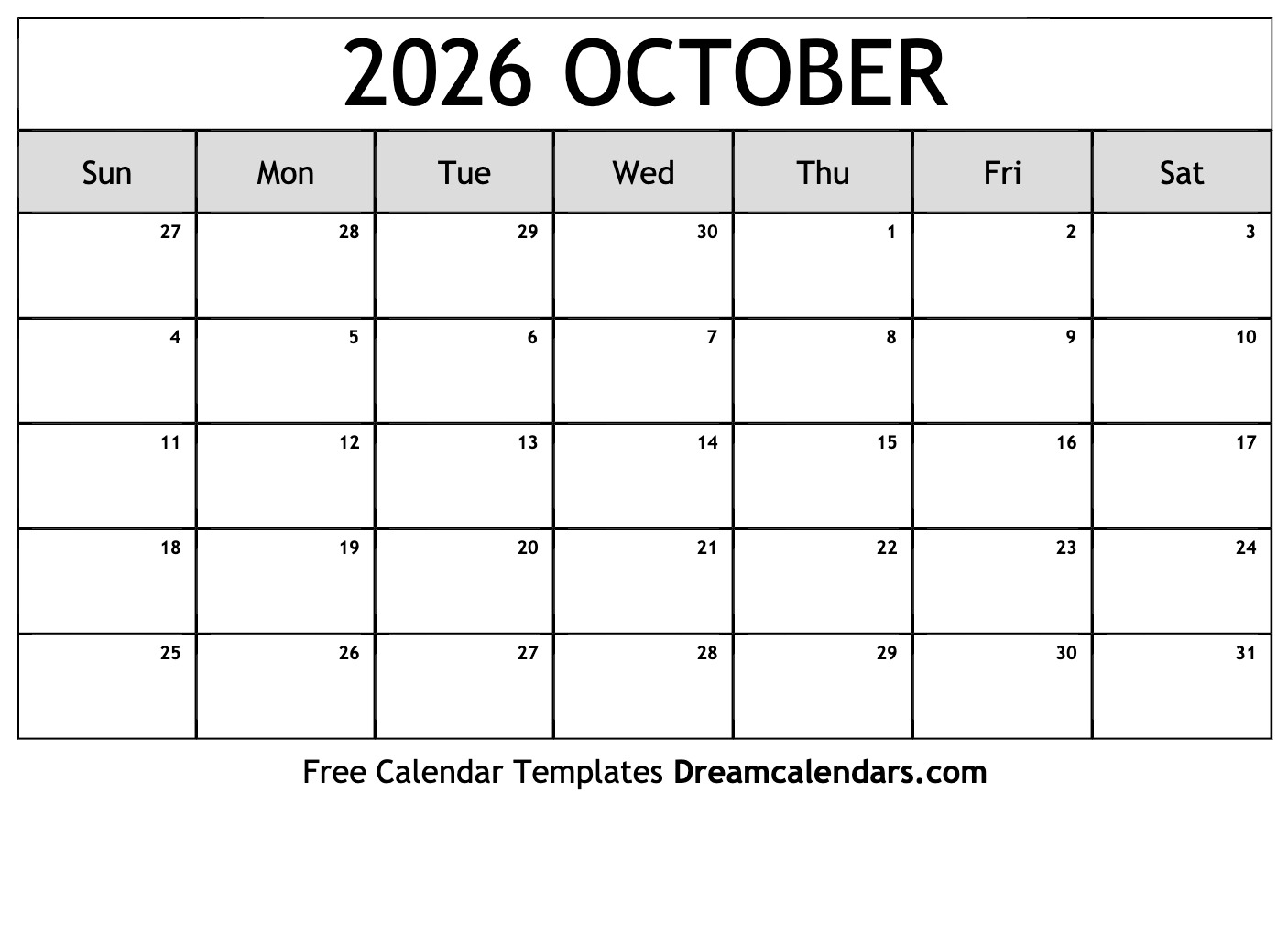 Blank Calendar October 2026 Printable