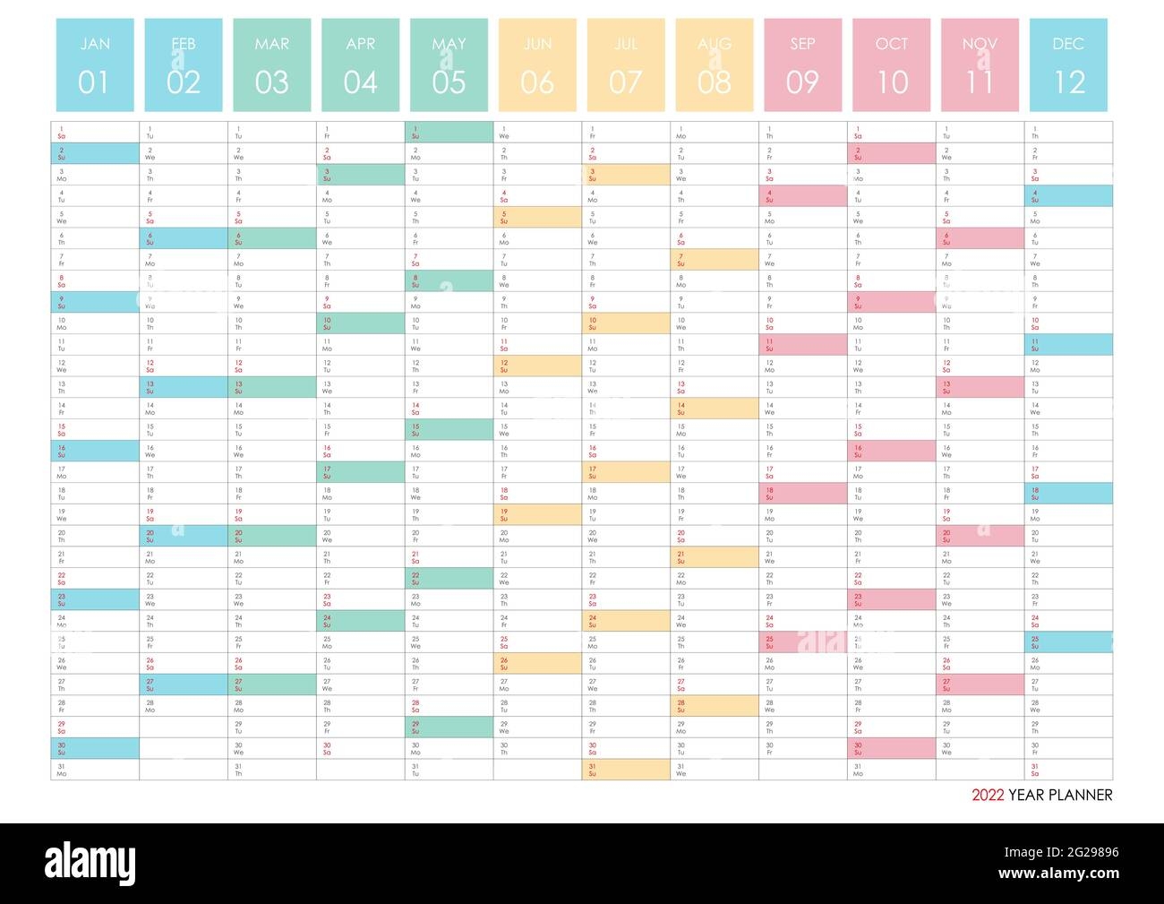Planner Calendar For 2022 Wall Organizer Yearly Planner Template Vector Illustration Vertical Months One Page Set Of 12 Months English Language Stock Vector Image Art Alamy