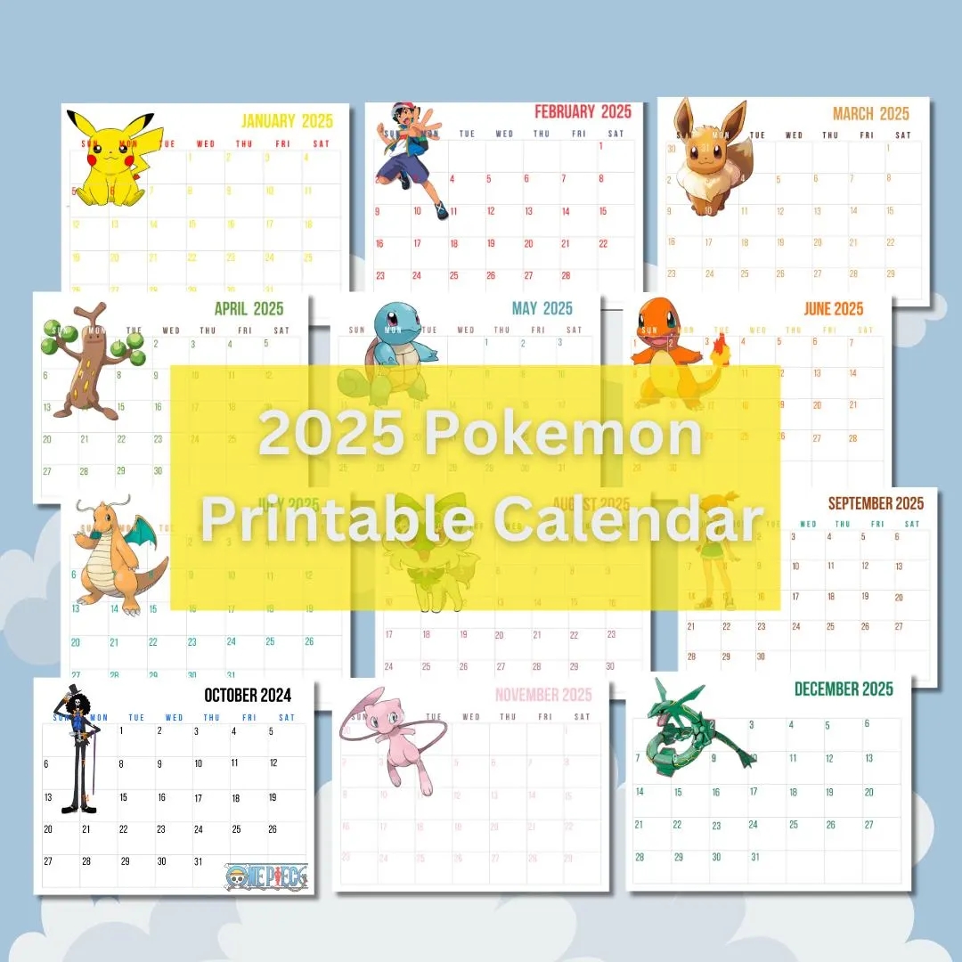 Pokemon Printable Calendar 2025 Gaming Game Game Room Decor Gaming Gifts Wall Art Calendars Pikachu Mew Rayquaza Ash May Etsy