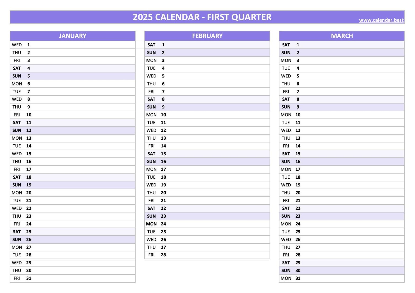 Printable 1st Quarter 2025 Calendar