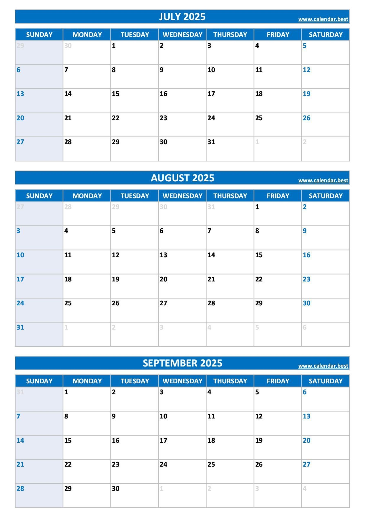 2025 3 Month Calendar Printable