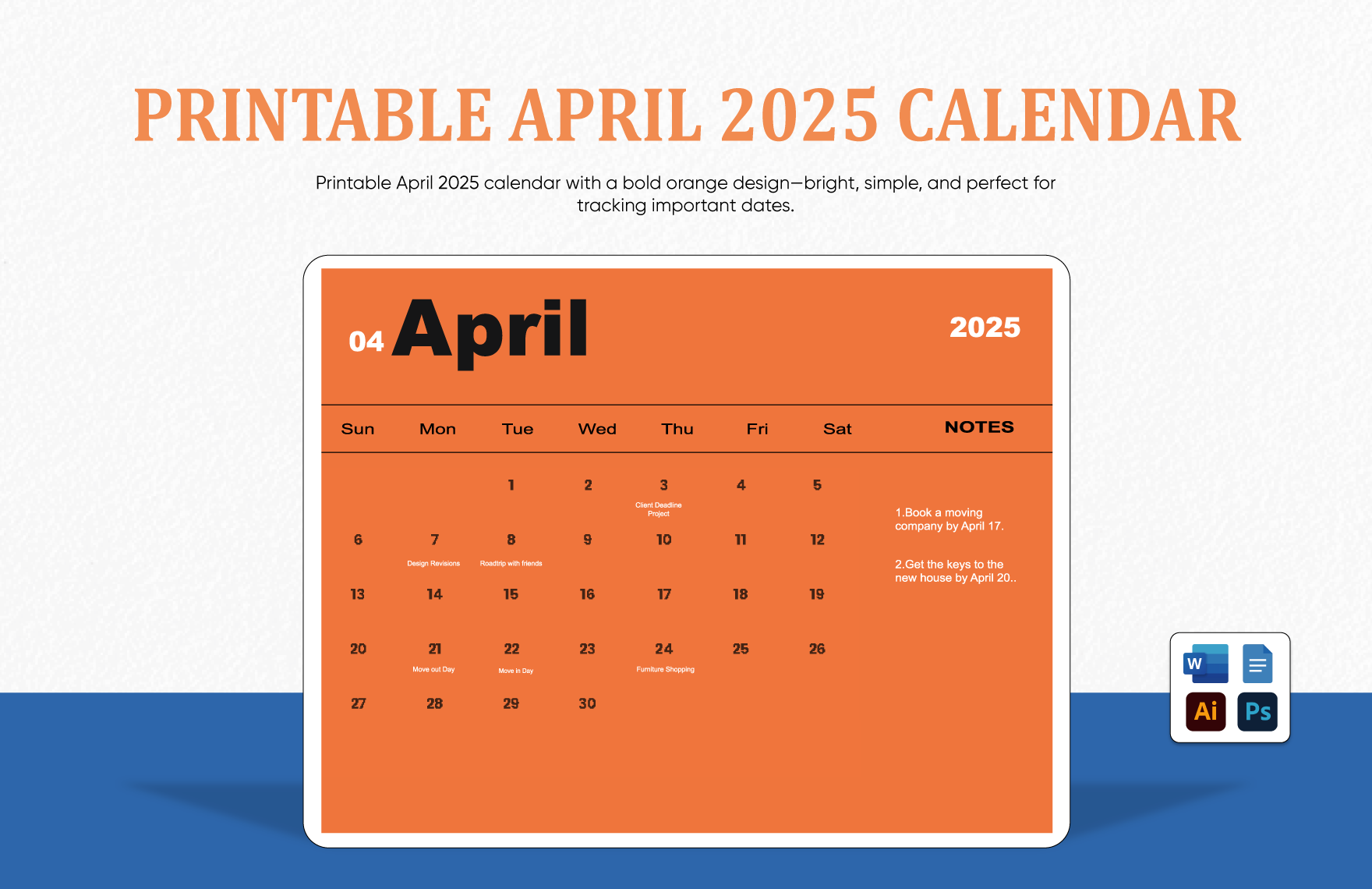 Printable April 2025 Calendar Template In PSD Illustrator Word Google Docs To Download Template