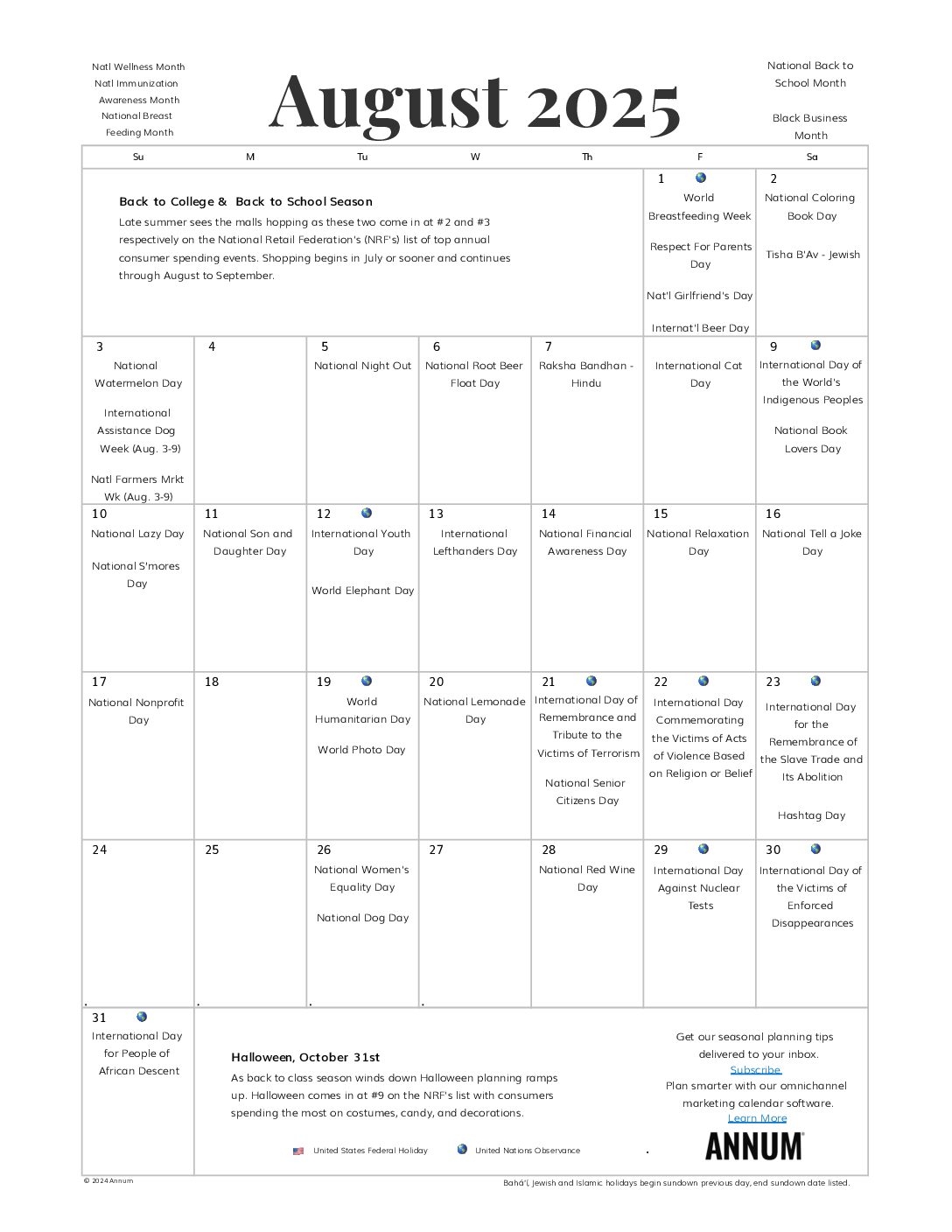 Printable August 2024 Calendar August Holidays Annum