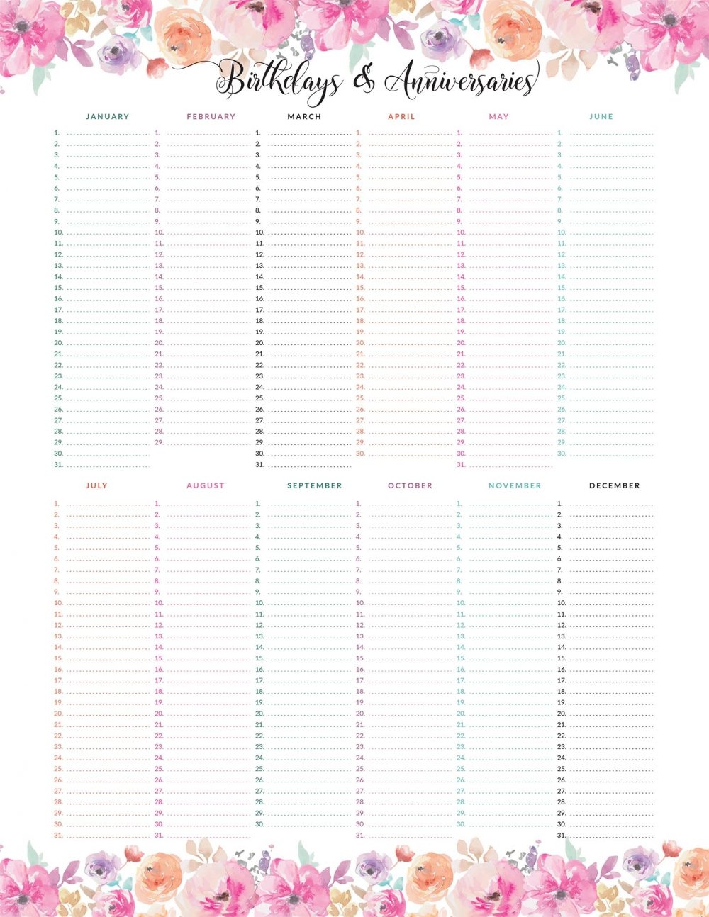Printable Birthday Anniversary Calendar