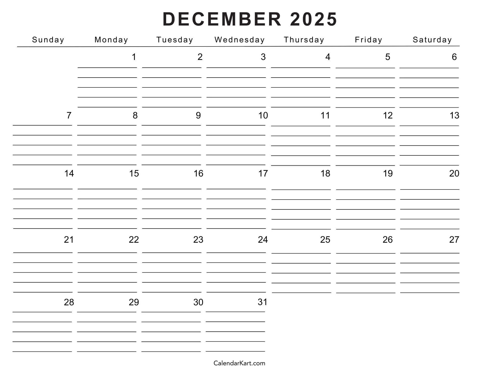 Printable December 2025 Calendars Free Pdf CalendarKart