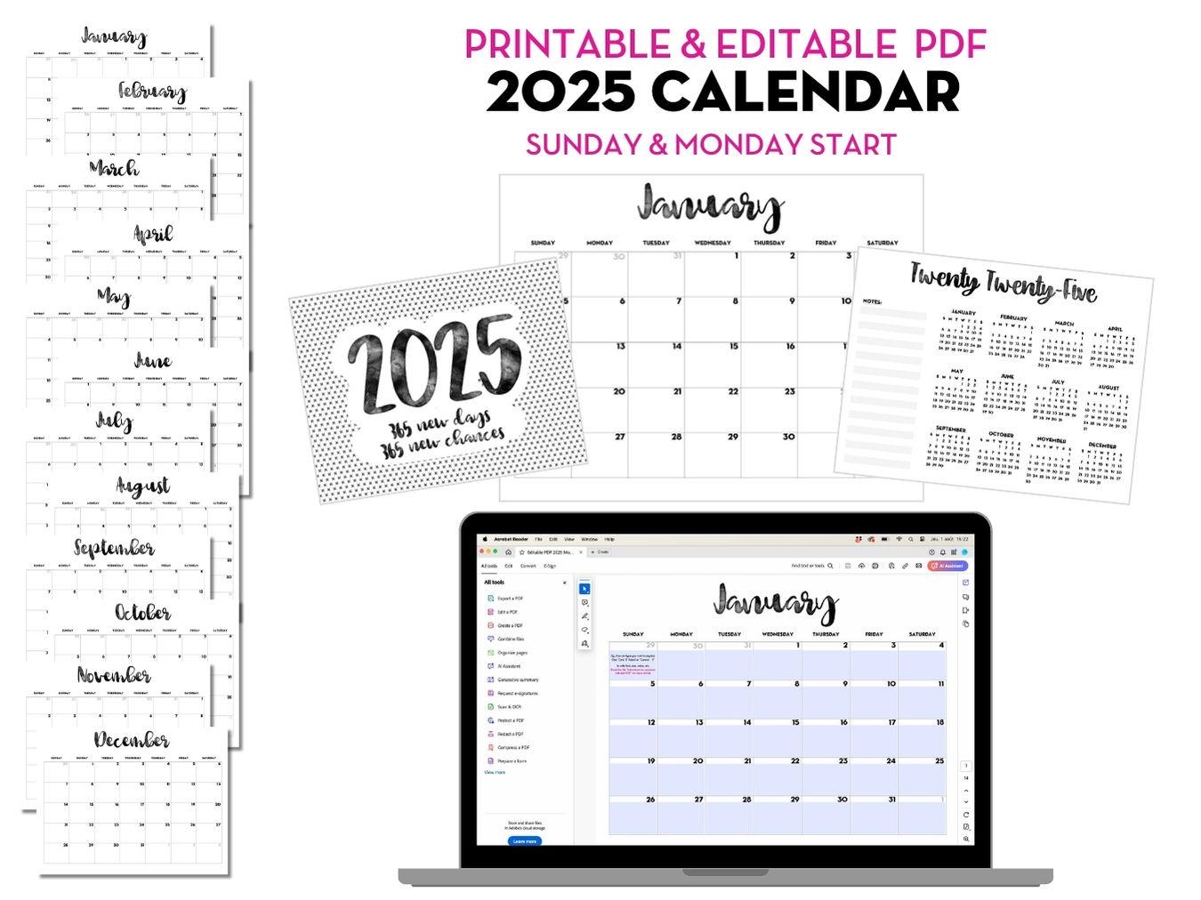 Printable EDITABLE Monthly Calendar 2025 Template Editable PDF Calendar 2025 Cute 2025 Calendar Customizable Editable Calendar 2025 Etsy
